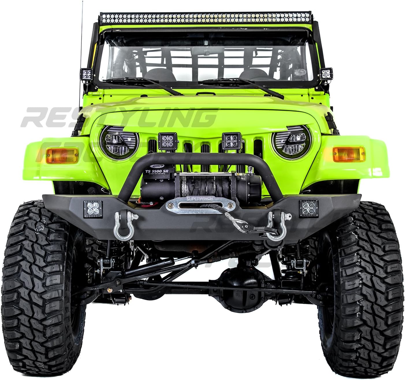 Restyling Factory 97-06 Wrangler TJ Rock Crawler Front Bumper with Winch Mount Plate, Built in 2x Square LED Side Mount (Black)