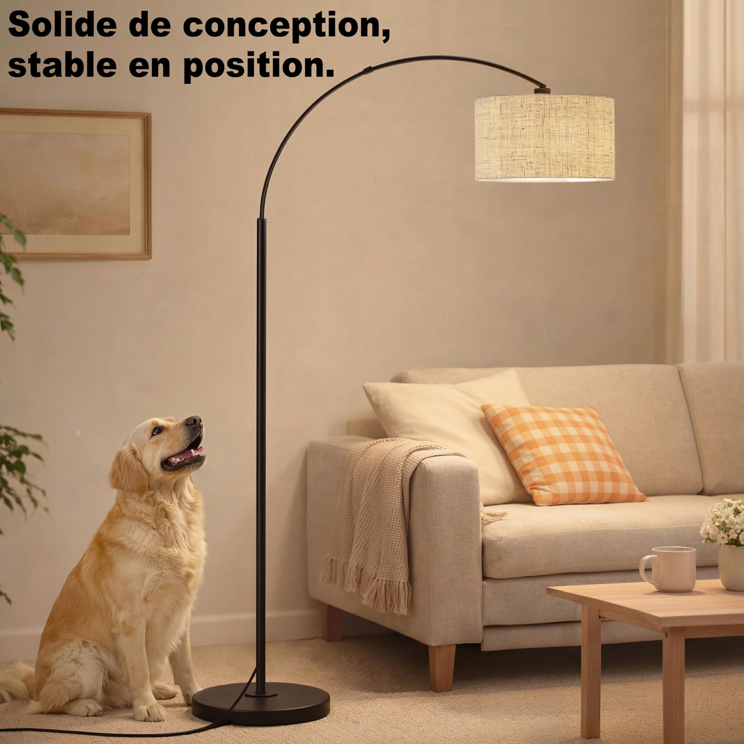 Moderne Bogen-Stehlampe für Wohnzimmer, 3-stufige Farbtemperatur (3000K/4500K/6000K) per Fußschalter, 180 cm höhenverstellbare Bogen-Leselampe mit E27 LED-Lampe für Schlafzimmer, Büro, Beige