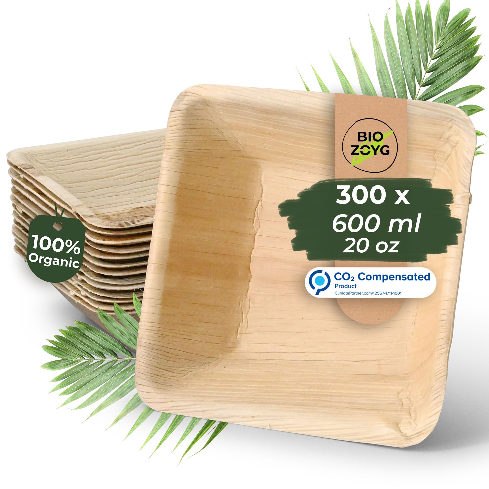 BIOZOYG Naczynia z liści palmowych, 300 sztuk, 600 ml, 17 cm, kwadratowe, jednorazowe talerze do zupy, miska do sałatki, kompostowalna, miska z liści palmowych - jednorazowe naczynia imprezowe