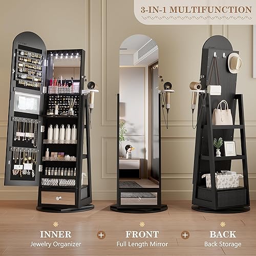 Miniatura 5 de LVSOMT Espejo iluminado de longitud completa con perchero, espejo giratorio de 360 con almacenamiento de joyas, espejo de piso con soporte de valet