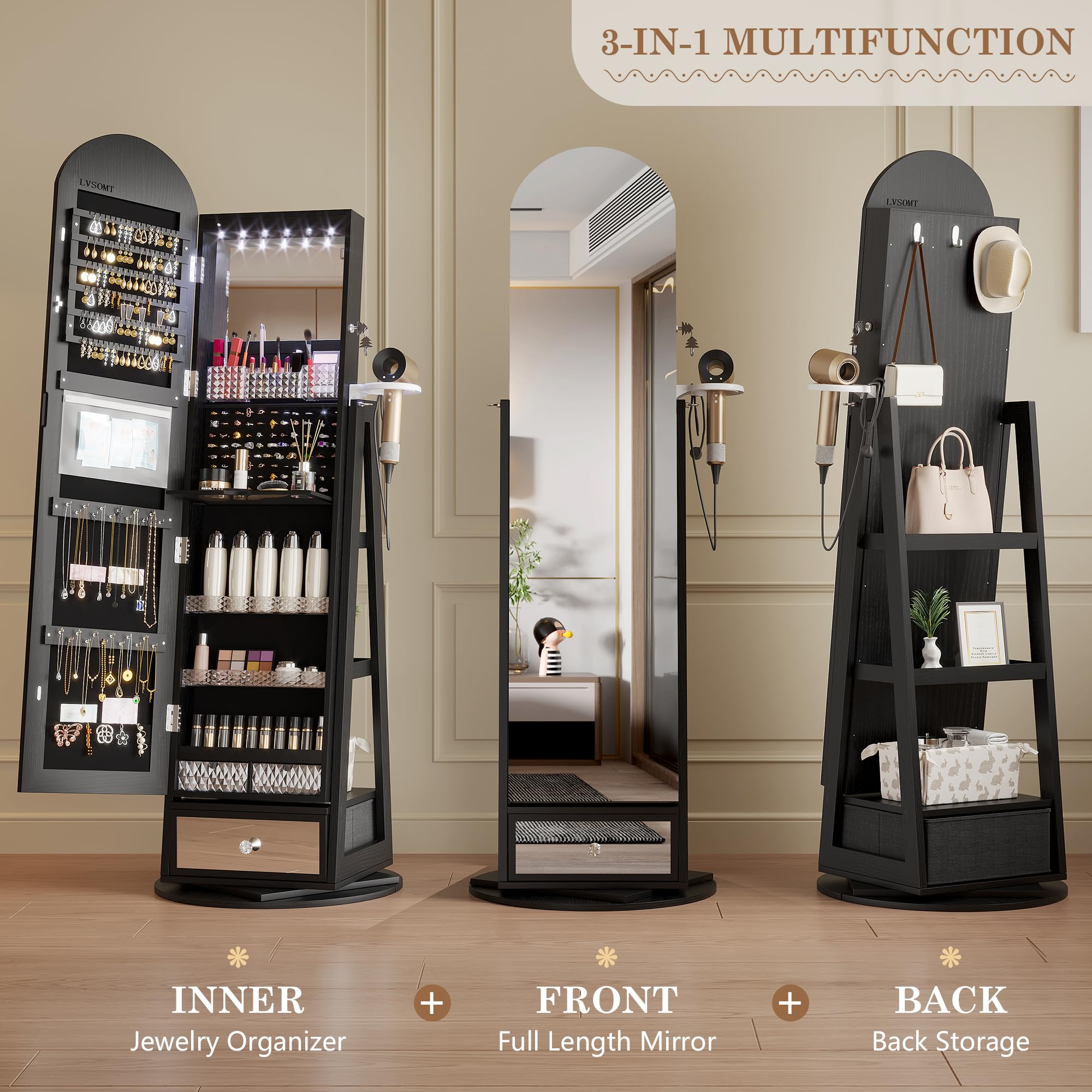 LVSOMT LED Bogen Schmuckschrank mit Spiegel, 360° Drehbar Standspiegel mit Schmuckschränke, Abschließbar Schmuckspiegelschrank mit Beleuchtung, Schmuckschrank Stehend Holz mit Stufiges Regal, Schwarz