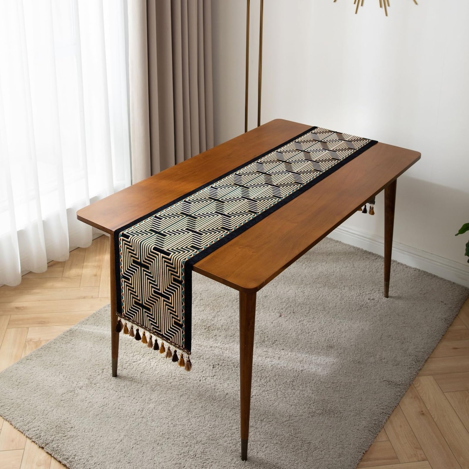 Tischläufer Polyester Wohnzimmer, Tischläufer Hochzeit 35x200 cm, Jacquard mit Geometrische Muster und Quasten