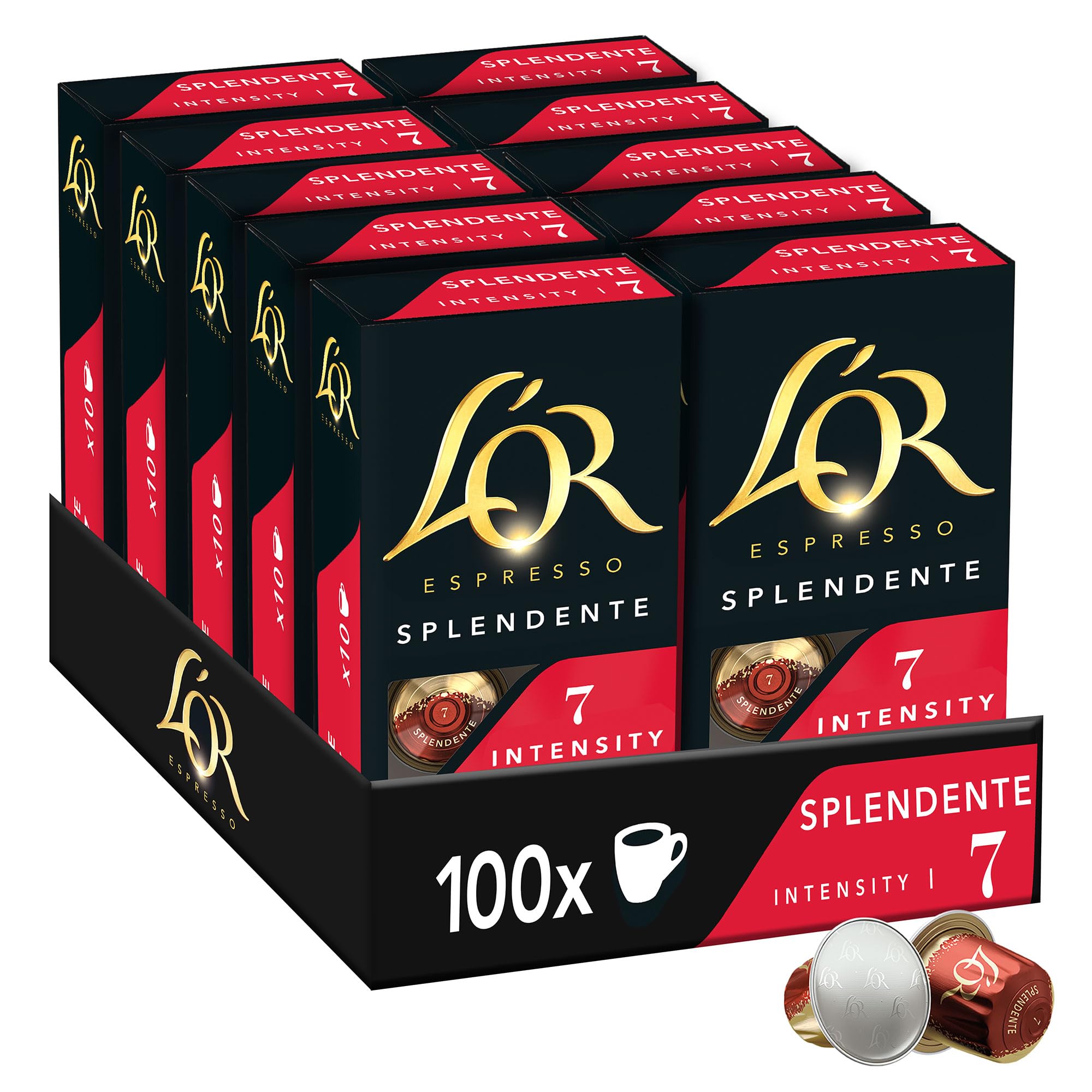 L'OR Splendente, Core Collection, Yoğunluk 7, Turunçgil ve Fındık Notaları Espresso Kapsülleri, 10x10 Adet, 07 Splendente