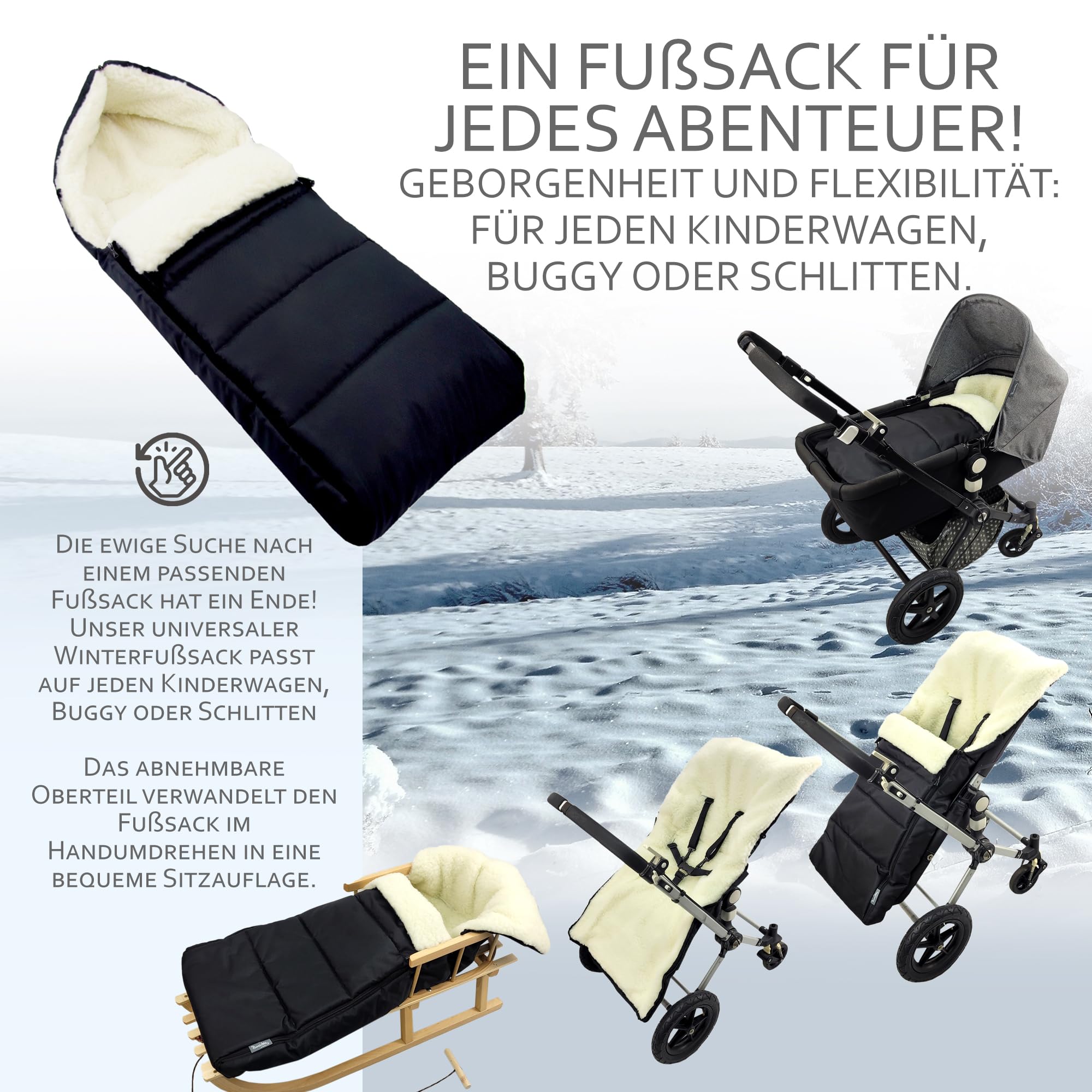 BAMBINIWELT Fußsack aus Lammwolle 108 cm – Winterfußsack für Kinderwagen, Buggy, wasserabweisend (schwarz)
