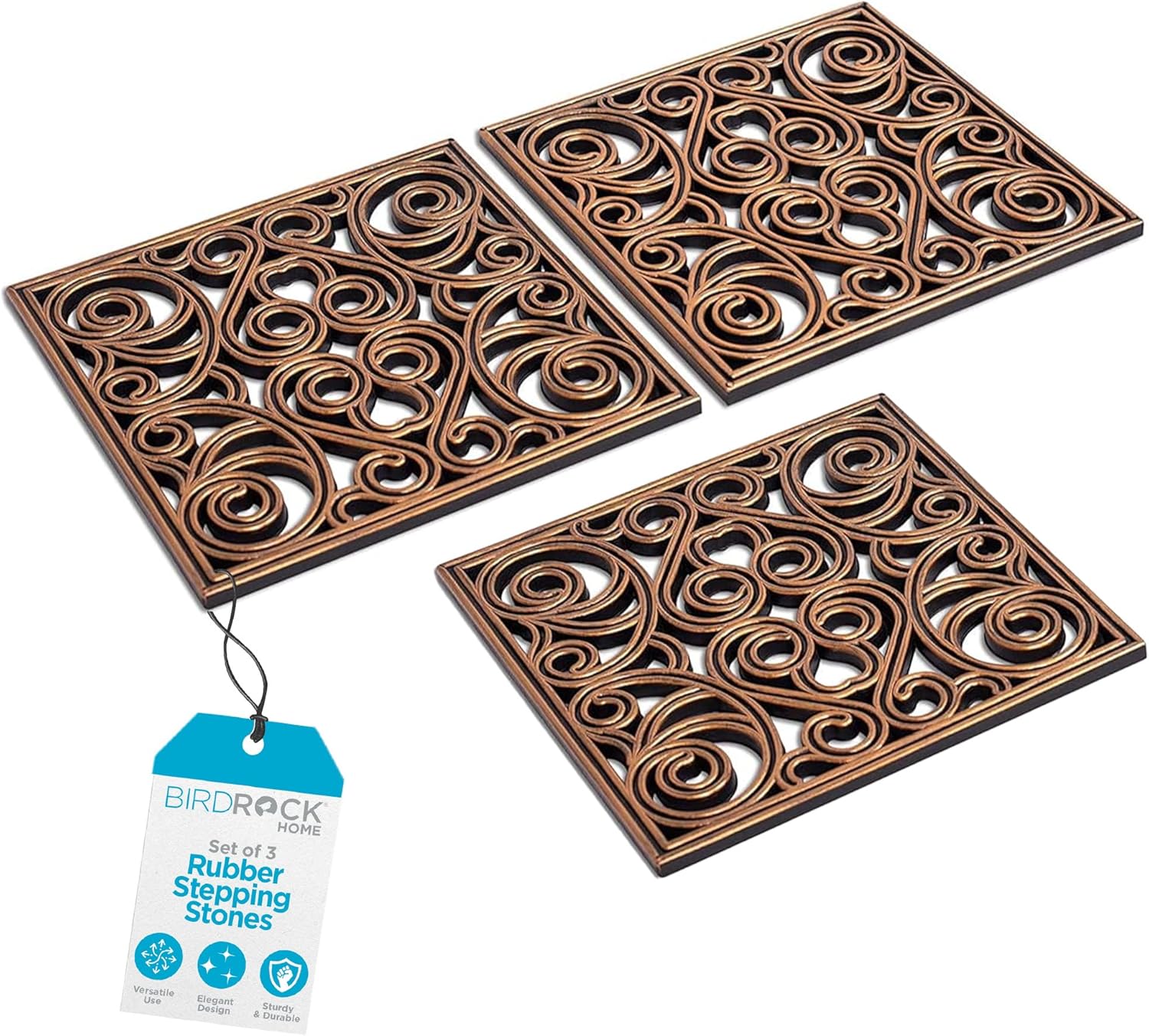 BirdRock Home Copper Rubber Stepping Stones - 3-Pack 12x12 Decorative Garden Pathway Pavers for Lawn, Patio & Yard