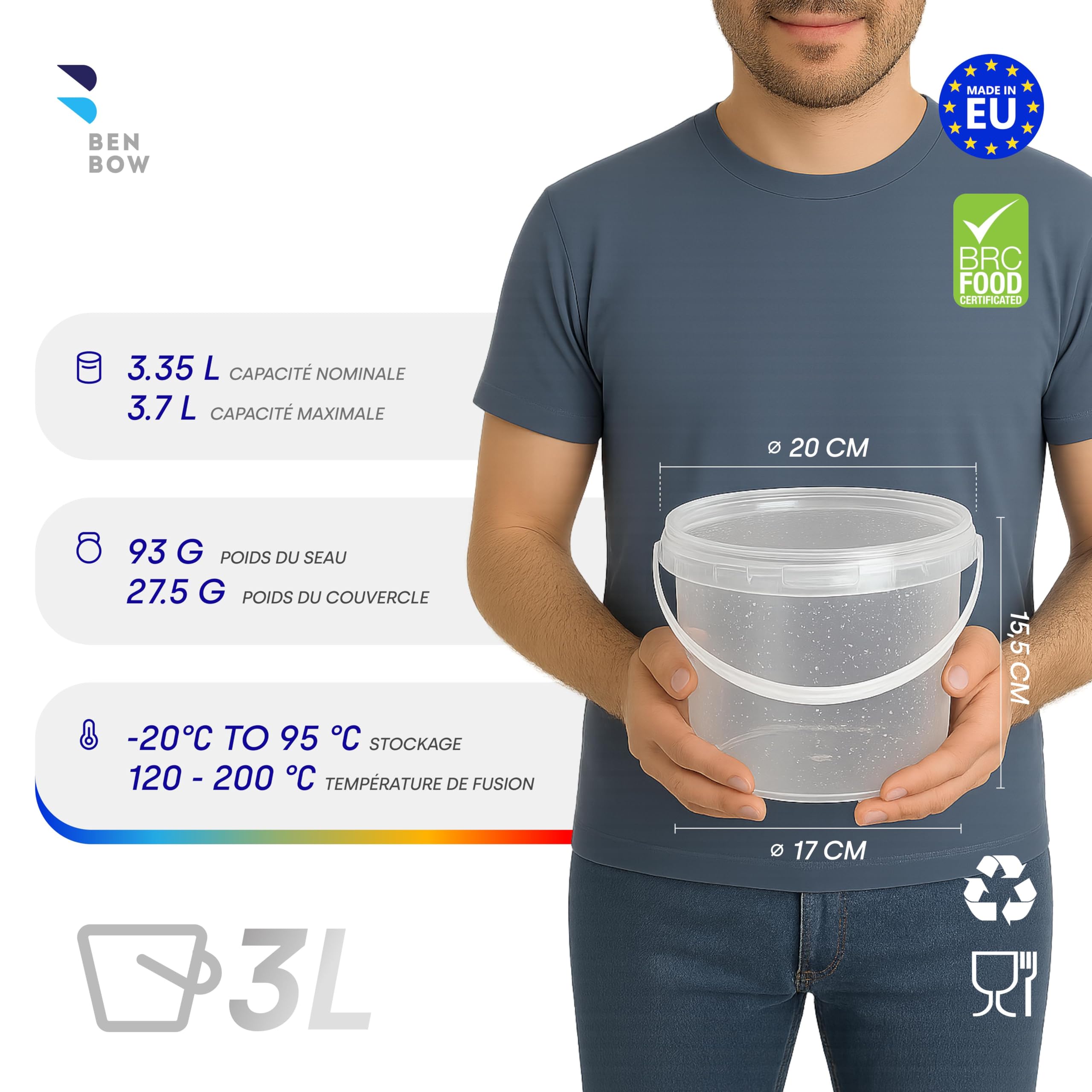 BenBow Seau avec Couvercle 3l Transparent 20x 3 litres - Convient pour Aliments, Stable, étanche à l'air, Anti-Fuite, inodore - Seau en Plastique - Vide