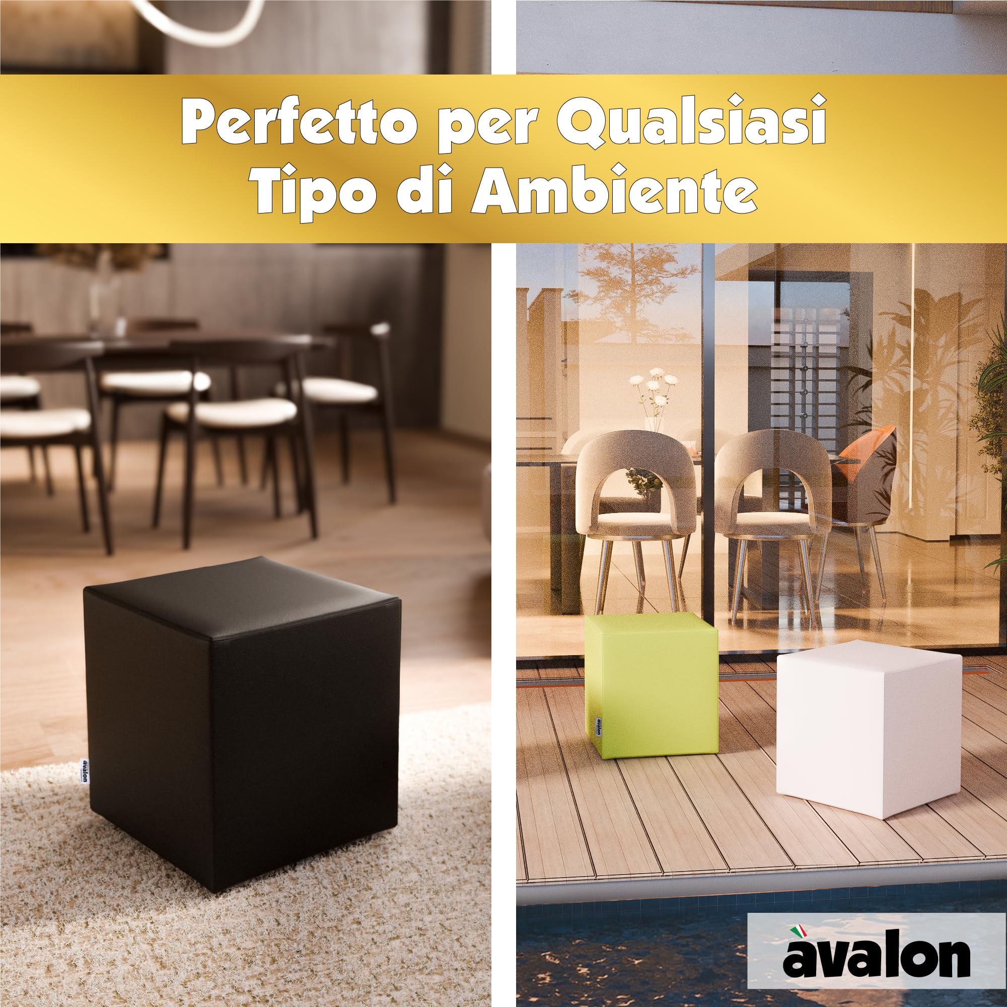 Avalon - Pouf Poggiapiedi Rigido CUBO Jazz in Ecopelle Deluxe, Puff Poggiapiedi Divano Quadrato, Pouffe per Interno ed Esterno, Comodo Impermeabile e Resistente, Made in Italy (40cm-Nero)