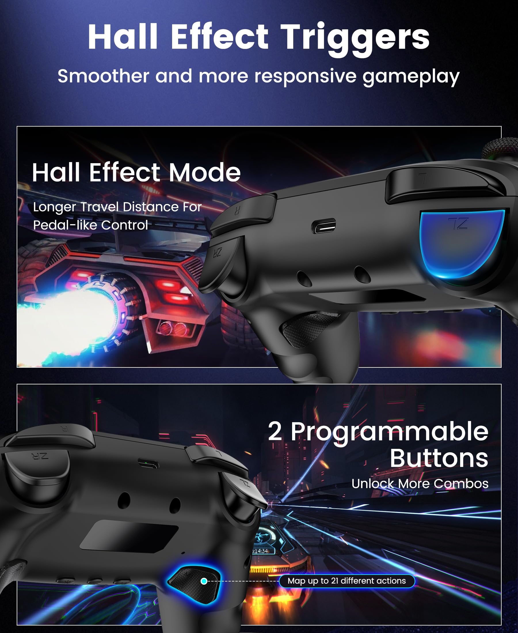 BEBONCOOL HOTS Switch Controller mit Ladestation,kabellos Pro Controller, Aufwachfunktion/Hall-Effect-Joystick/RGB/programmierbar/Turbo/Dual Motor Vibration/15h Akku–für Switch 2/Switch/OLED/Lite - 4
