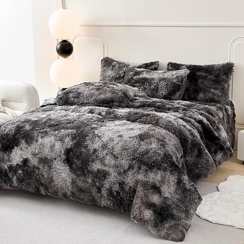 PERFEMET Juego de 3 piezas de edredón de pelo sintético mullido gris oscuro, tamaño matrimonial, juego de ropa de cama de felpa lanudo teñido