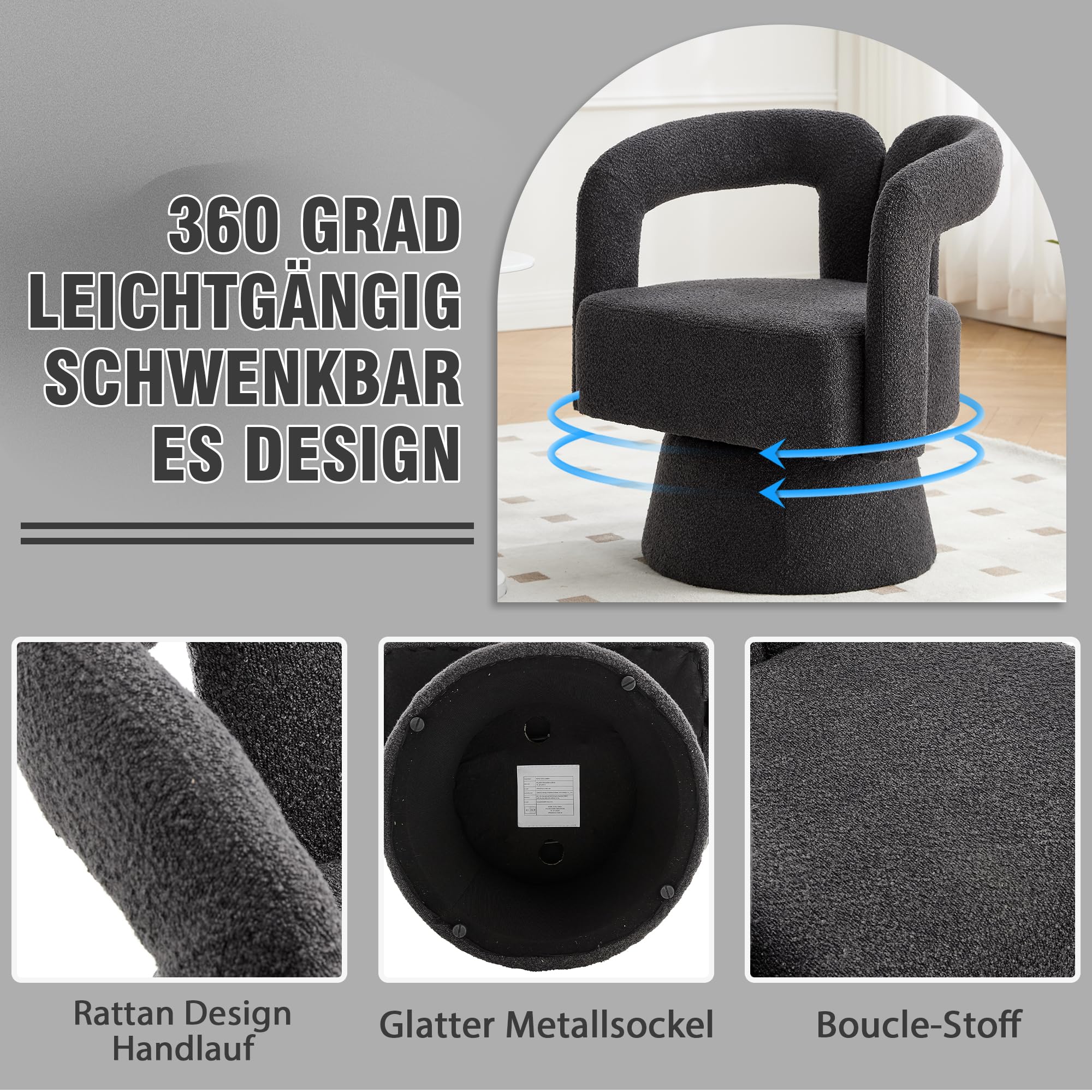 MURUL 360 Grad drehbare Kuschelfass-Akzentstühle, runde Sessel mit breiter Polsterung, Flauschiger Stoffsessel für Wohnzimmer, Schlafzimmer, Büro, Warteräume, Dunkelgrau