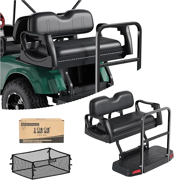 10L0L Golf Cart Rear Flip Seat for EZGO TXT 1995-Up - Custom Fit No Drill Installation, Padded Seat & Safety Grab Bar, Anti-Slip Pedals with Reflectors, Cup Holder Design, Luxury Back Seats Kit