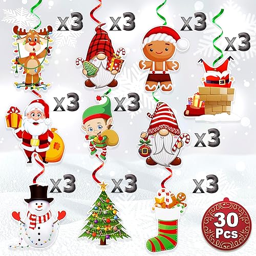 Miniatura 2 de Decoraciones navideñas colgantes con espirales de aluminio  Juego de 30 piezas  Papá Noel, muñeco de nieve, pan de jengibre, renos, gnomos diseños