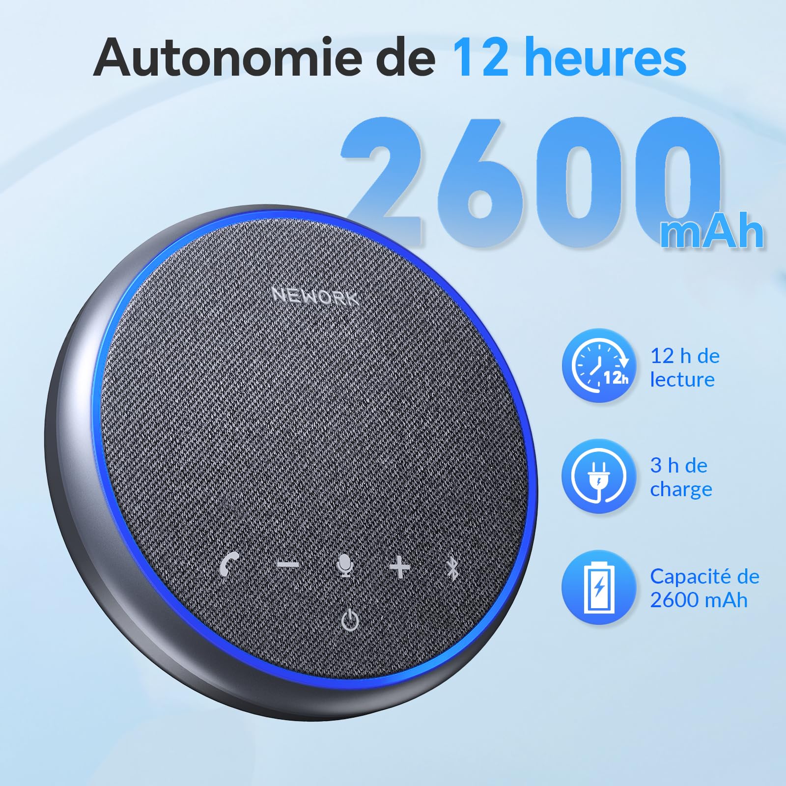 Haut-Parleur de Conférence Bluetooth, Micro 360° avec 3 Micros AI Réduction du Bruit, Autonomie 12h, USB-C & Bluetooth, Speakerphone Portable pour Bureau, Télétravail, Zoom, Teams