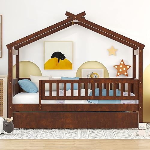 Miniatura 3 de Harper & Bright Designs Cama Casa Individual con Cama Nido, Marco de Plataforma Individual para Niños con Rieles y Techo, Cama Tienda, Casa de