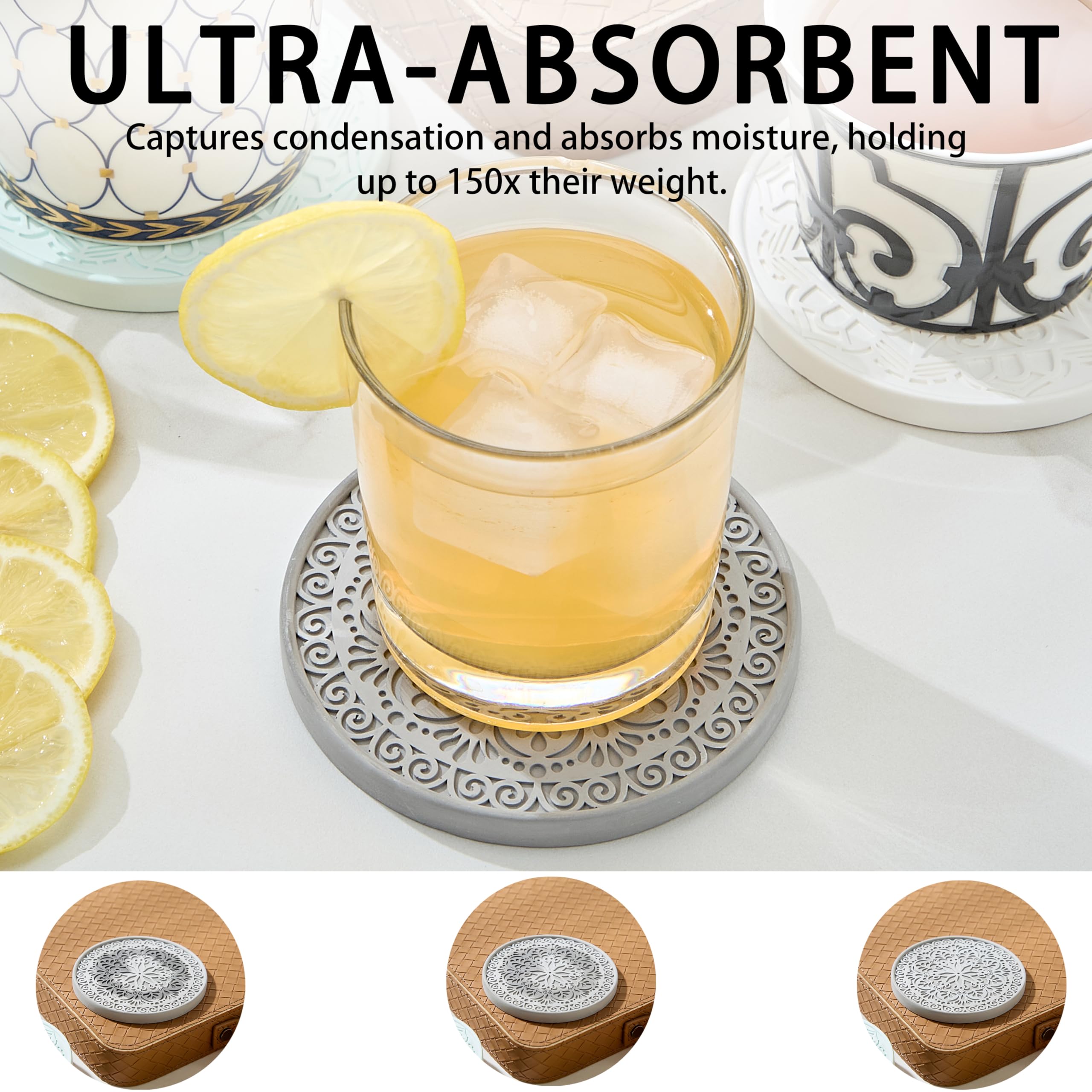 TheDottieCo Absorbent Stone Coasters Set of 4 – Edged, Grooved, Quick-Drying Natural Diatomaceous Earth - Decor Drink Coaster for Tabletop Protection - Thirsty Stone Round 4 Inches in 4 Colors – Gift