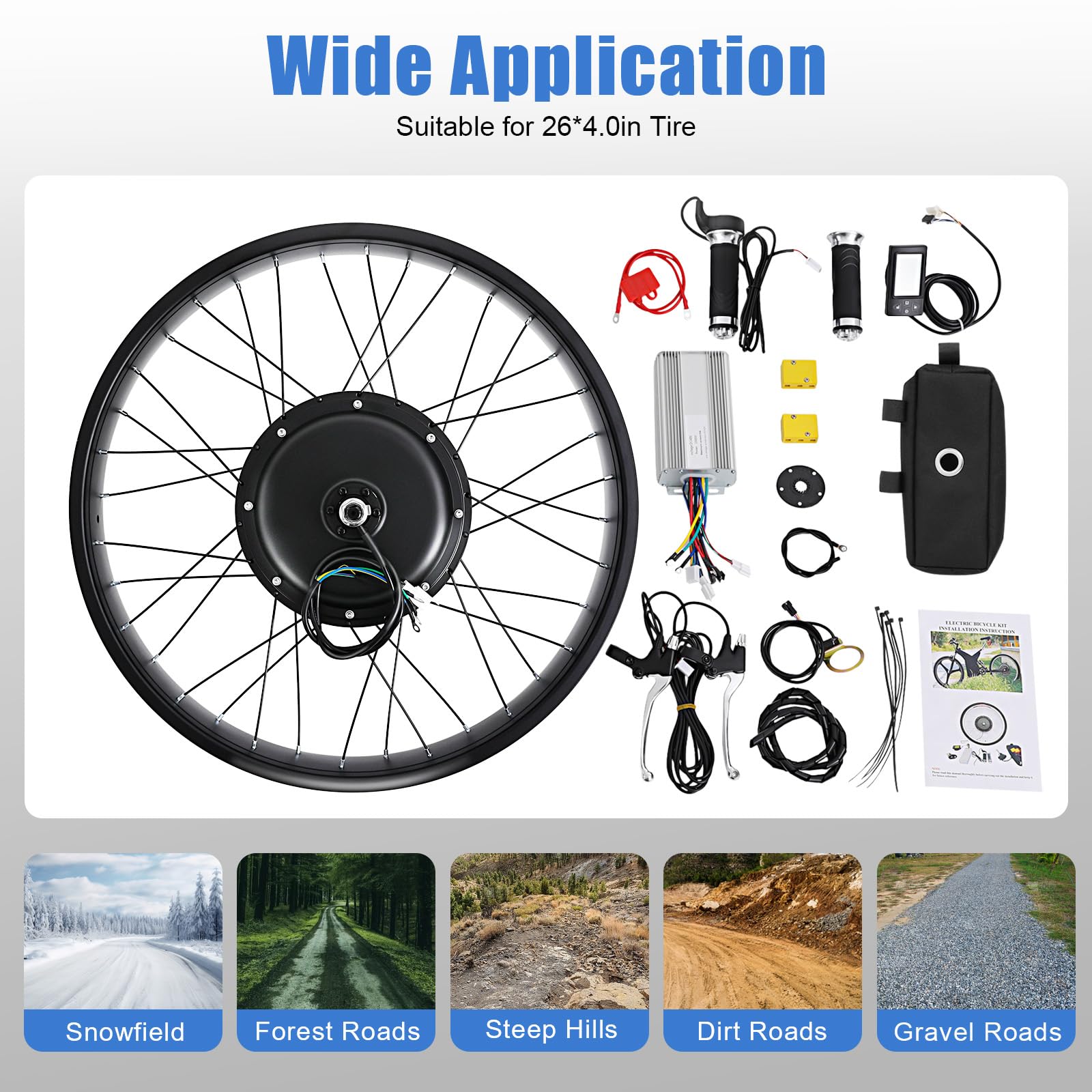 Juego de conversión de bicicleta eléctrica de 48 V 1500 W, kit de motor de 26 pulgadas para rueda trasera con pantalla LCD y controlador de 35 A, adecuado para vehículo de nieve y bicicleta