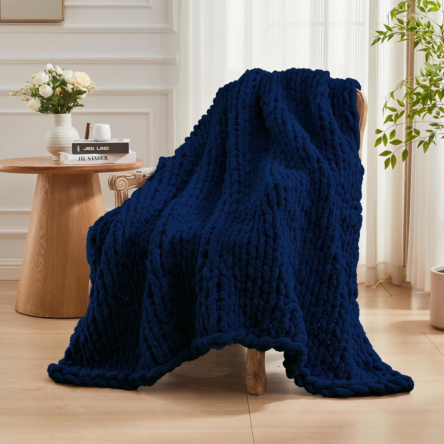 Carriediosa Chunky Knit Throw Blanket 50" X 60", 100% Hand Made Large Chenille Loop Yarn Soft Fluffy Throws for Couch Sofa Bed, Big Crochet Cozy Heavy Thick Cable Woven Blankets, Navy Blue - Image 8