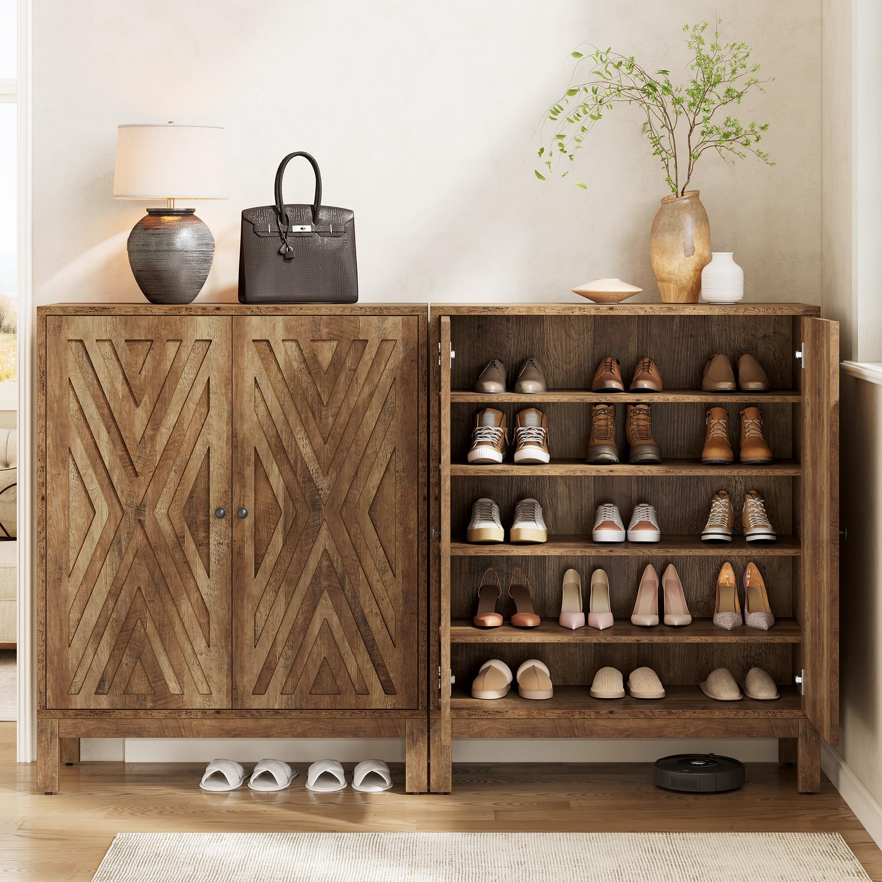 Tribesigns Zapatero de 2 Puertas, Zapatero Independiente de 5 Niveles con estantes Ajustables, Altura 110 cm, para Entrada, Pasillo y salón, Zapatero Que Ahorra Espacio, marrón