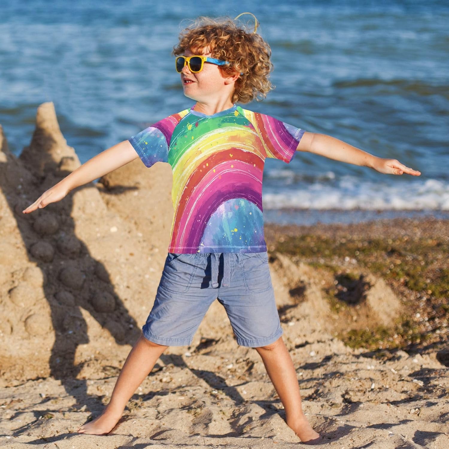 Toddler Boy Short Sleeve Rashguard Swim Shirt UPF 50+ Sun Protection Quick Dry Shirt