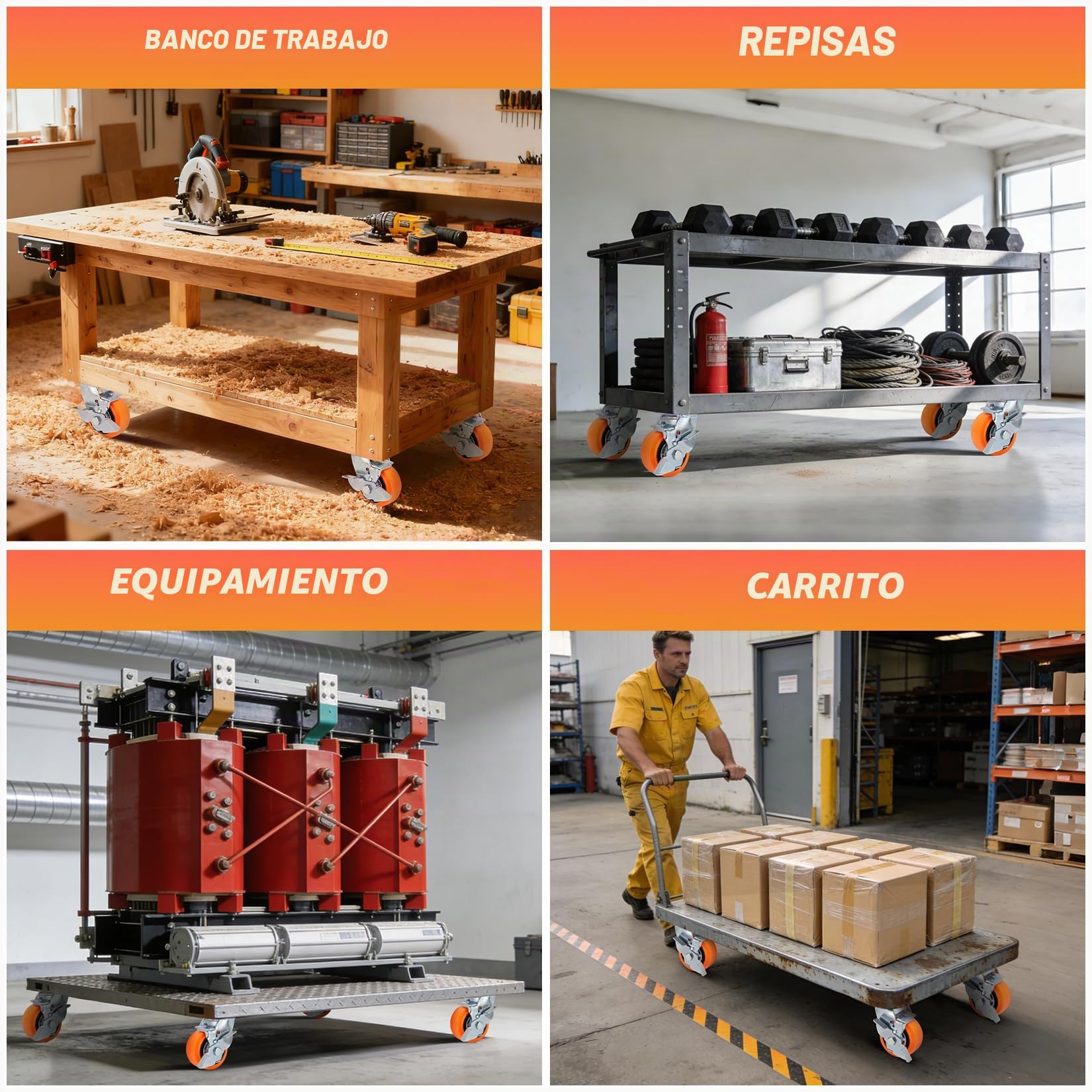Ruedas de Repuesto 100x50 mm (4" x 2") para Cargas Pesadas, Poliuretano, Carga 1100 kg, Doble Rodamiento con Guardapolvo, Eje 12,7 mm (1/2"), para Banco de Trabajo y Carros, Juego de 4