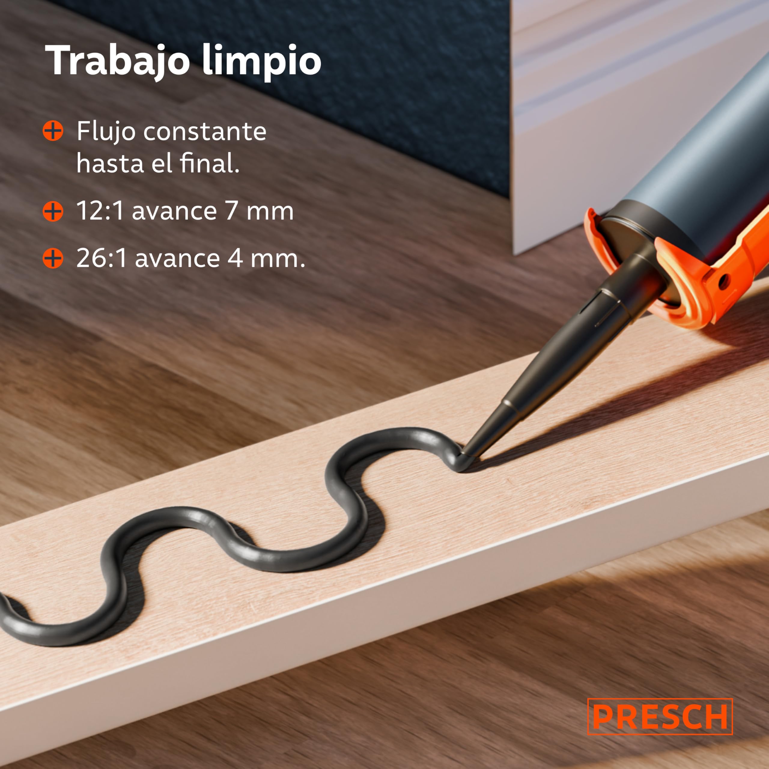 Presch Juego Pistola Silicona 26:1 & 12:1 con antigoteo – Para cartuchos hasta 310 ml (acrílico, silicona, adhesivo alta adhesión) – Cartuchera pistola giratorio 360° incl. aguja de perforación