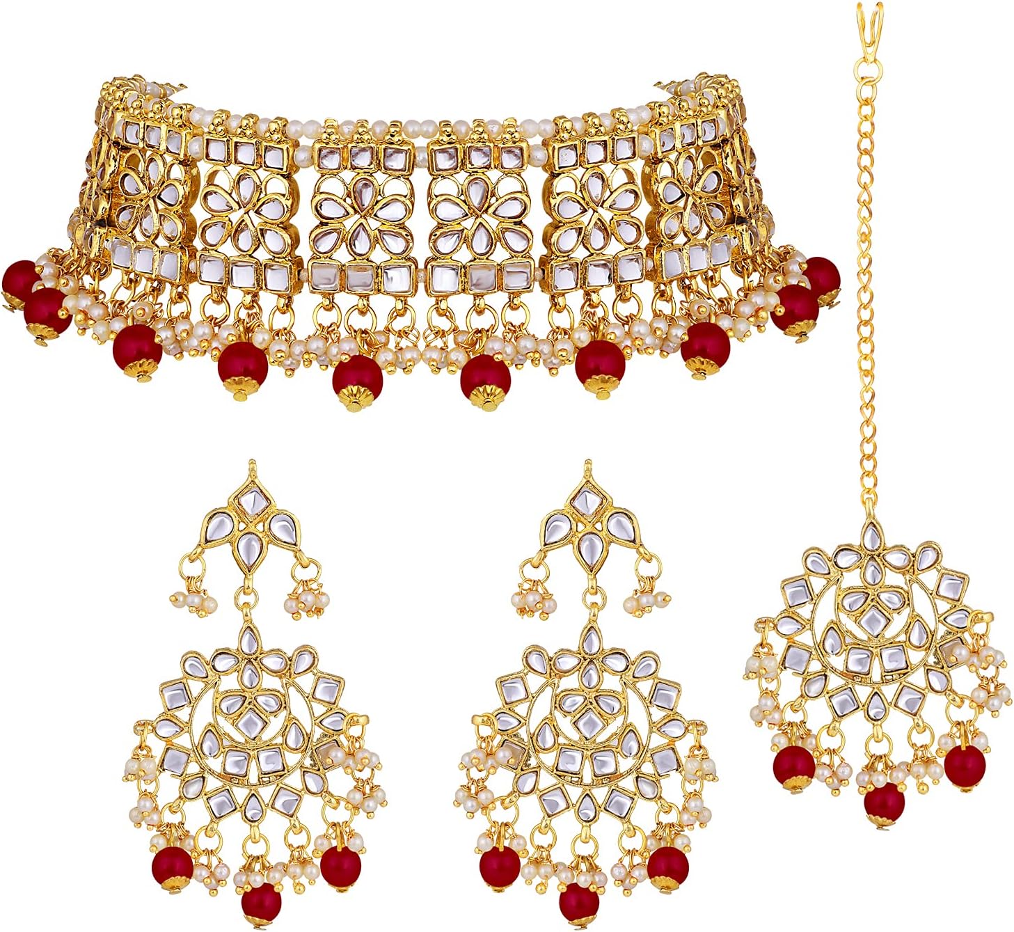 AheliElegant Indian Wedding Wear Faux Kundan Studded Choker Necklace with Maang Tikka Set Ethnic Fashion Jewelry for Women
