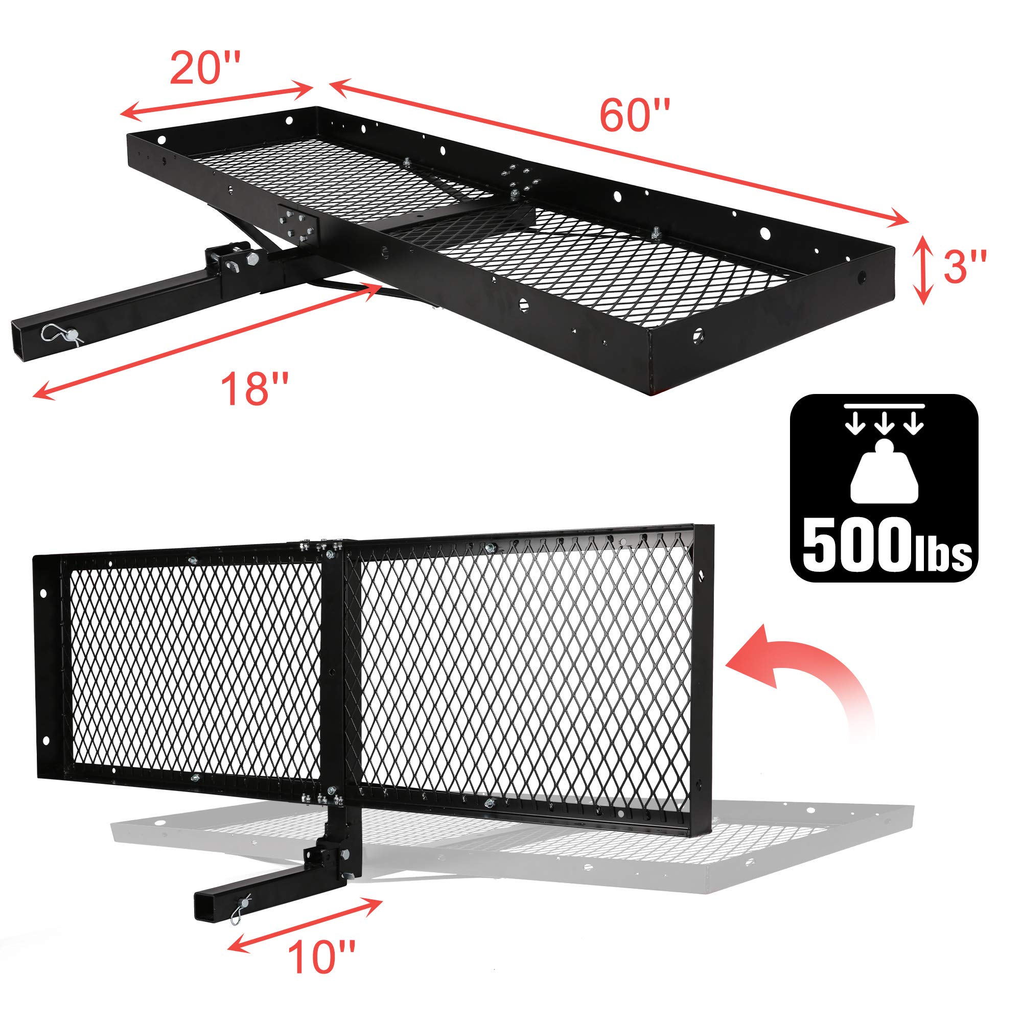 LUCKYERMORE 500LBS Capacity Folding Tray Hitch Mount Cargo Carrier 60’’x20’’x3’’Rear Cargo Rack