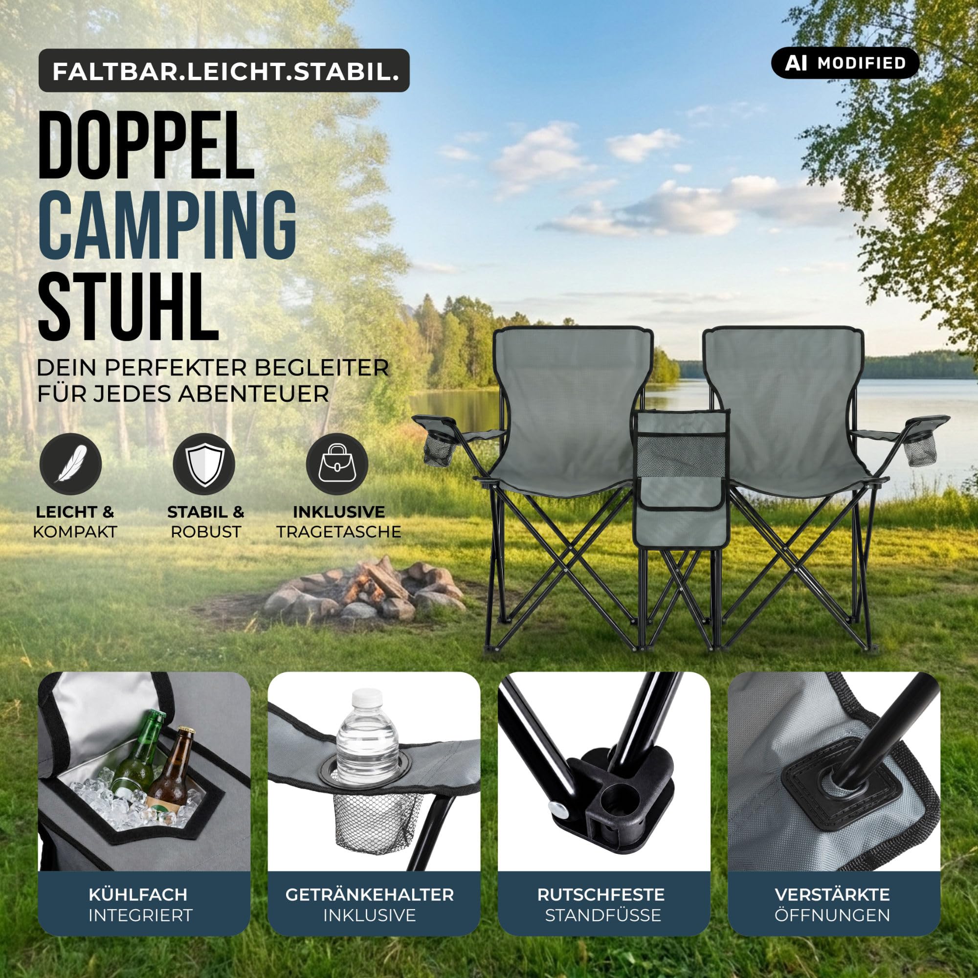 Stagecaptain Silla de Camping Doble CS-1485, Bolsillo Exterior Espacioso | Silla de camping doble de tela Oxford 600D, Perfecta para camping, festivales, picnics y excursiones, Dimensiones, 5 cm, 0 kg