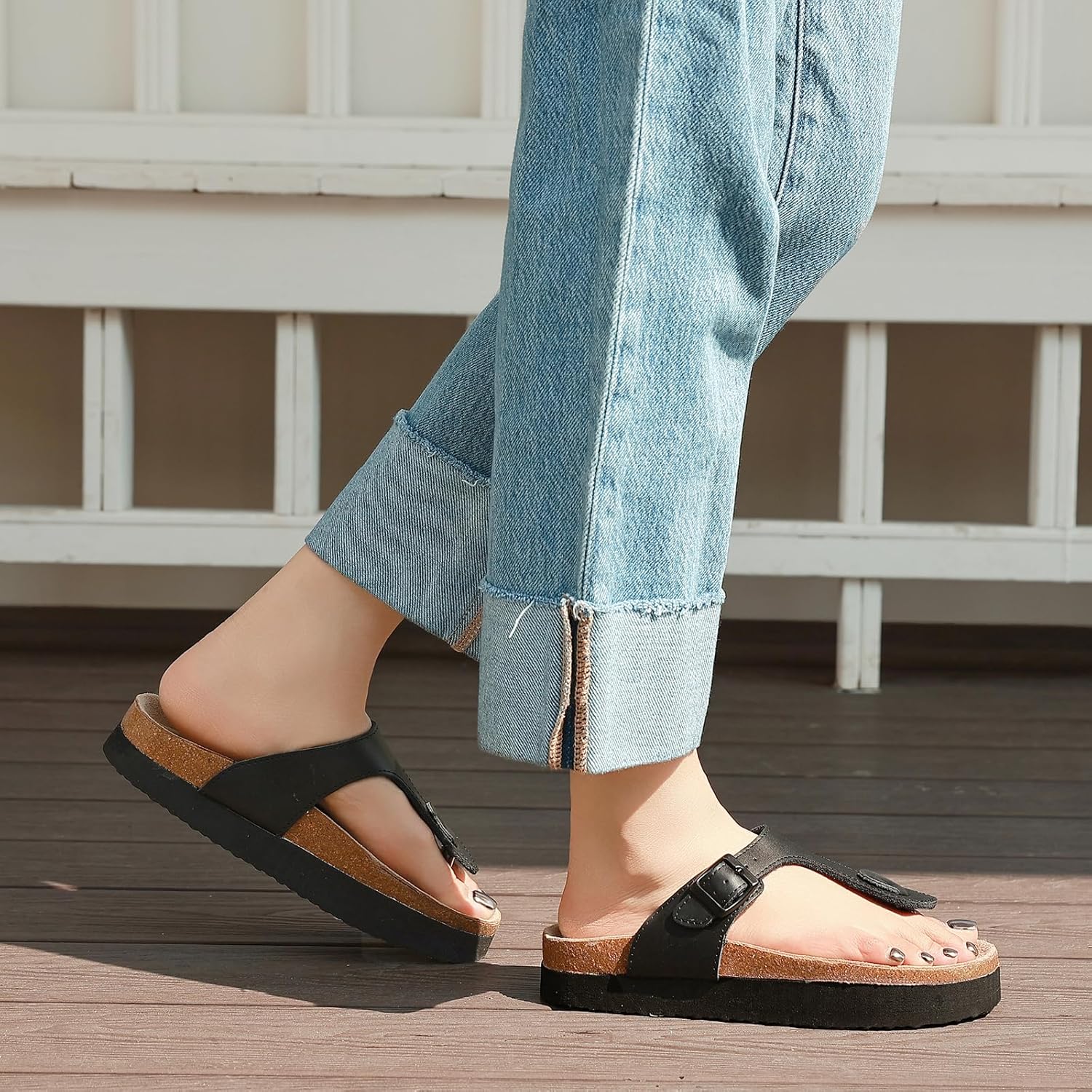 Women Arch Support Thong Sandals, Cork Footbed Flip Flops with Adjustable Buckle Straps, Comfortable Casual Summer Footwear for Beach & Outdoor Activities - Image 2