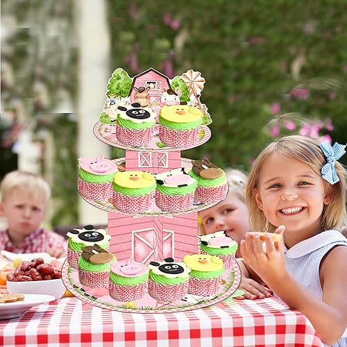 Miniatura 6 de Soporte para cupcakes de animales de granja rosa de 3 niveles para fiesta de cumpleaños de granja, torre de granero, fiesta, soporte para decoración
