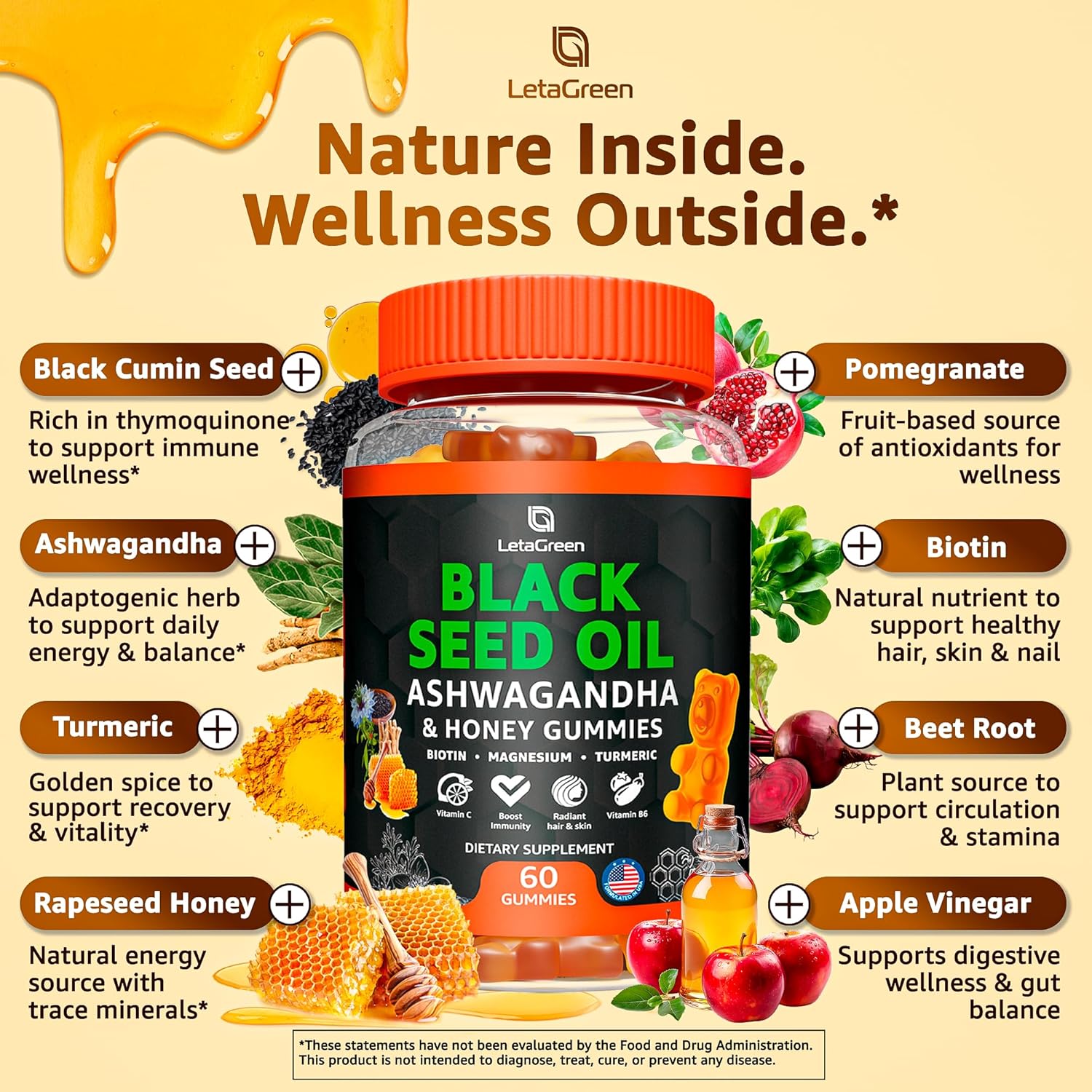 Black Seed Oil Gummies 500mg with Ashwagandha & Apple Cider Vinegar - Immune & Wellness Support Supplement with Vitamin C, Biotin, Turmeric - 60 Organic Gummy Bears for Hair & Skin