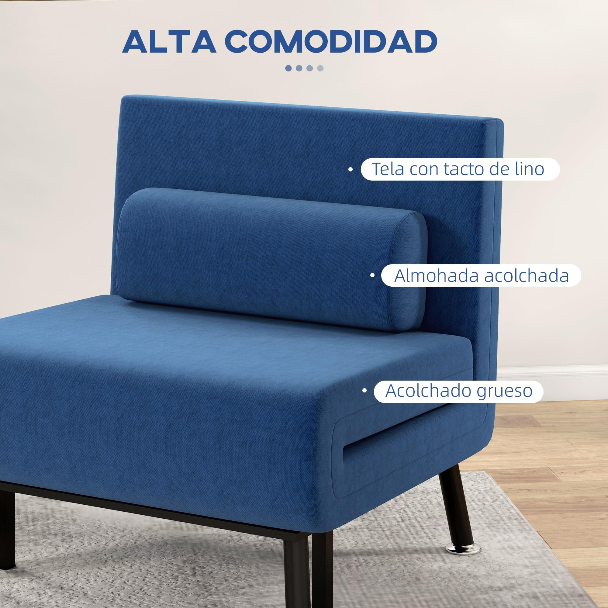 HOMCOM Sofá Cama de 1 Plaza 3 en 1 Sofá Cama Plegable Tapizado en Lino con Respaldo Ajustable de 5 Niveles y Almohada Acolchada para Oficina Dormitorio Salón 75x70x75 cm Azul Oscuro