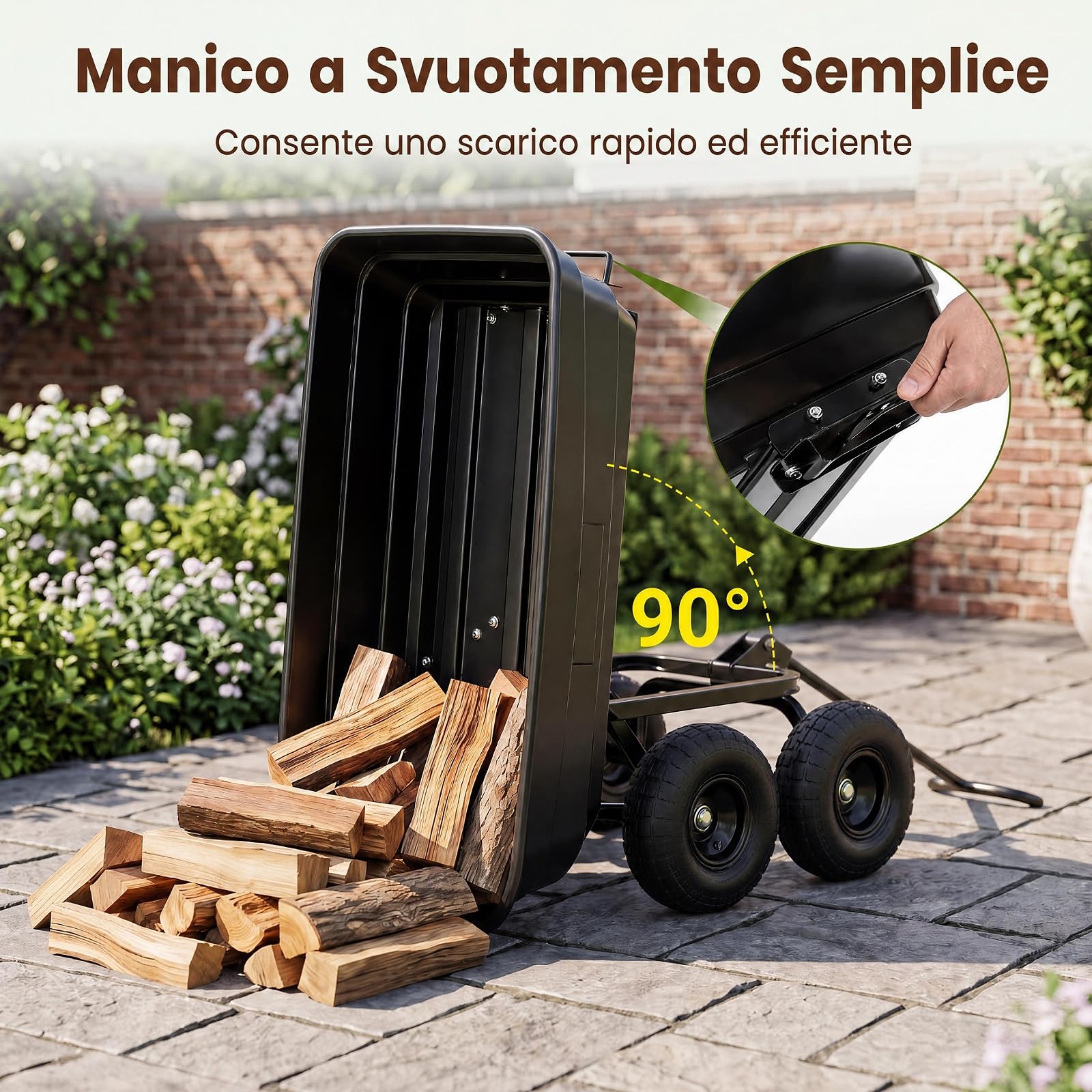 GYMAX Carrello da Giardino Ribaltabile 75 L, Portata 300 kg