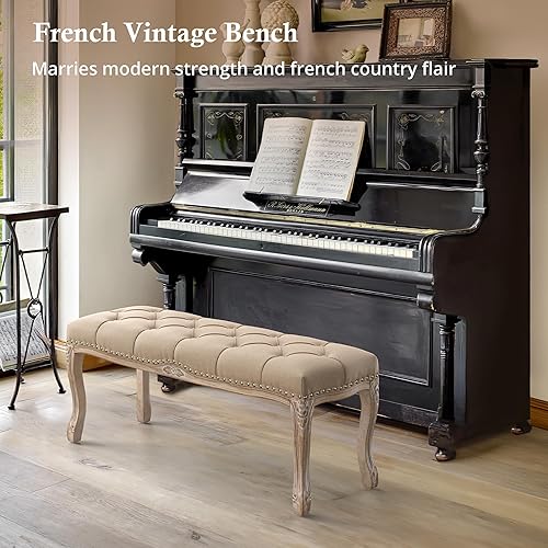 Miniatura 7 de Banco de dormitorio, banco de entrada estilo vintage francés copetudo, banco tapizado en el extremo de la cama con patas de madera envejecida,