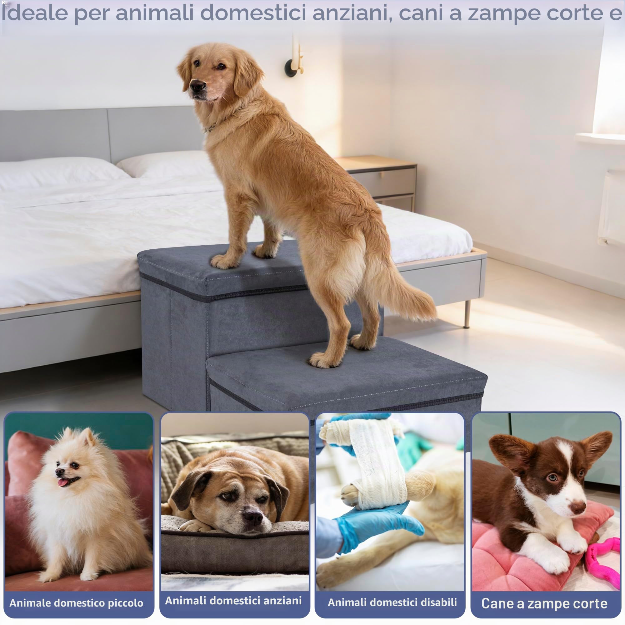 AKOZLIN Scala per cani,2 gradini,pieghevole,Con spazio stoccaggio | Extra larga rampa per animali domestici,Per cani e gatti piccoli a grandi,32×64×42cm,Due strati