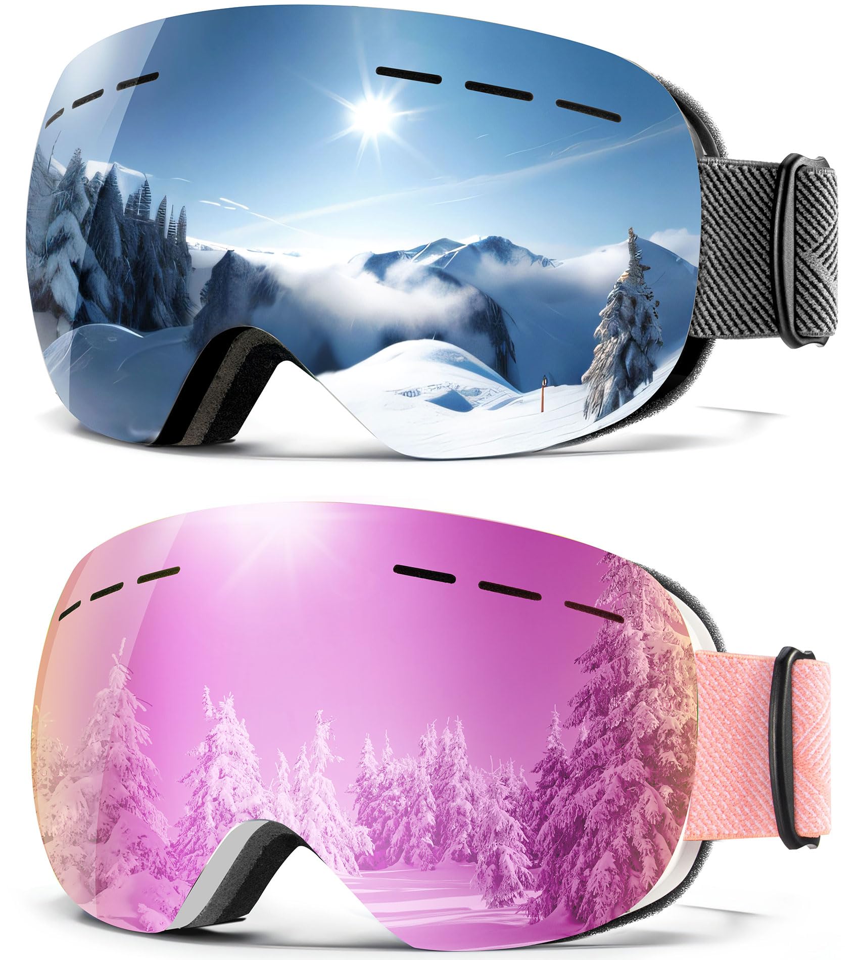 Confezione da 2 occhiali da sci per uomo e donna, occhiali da neve antinebbia, occhiali da snowboard con protezione UV al 100%