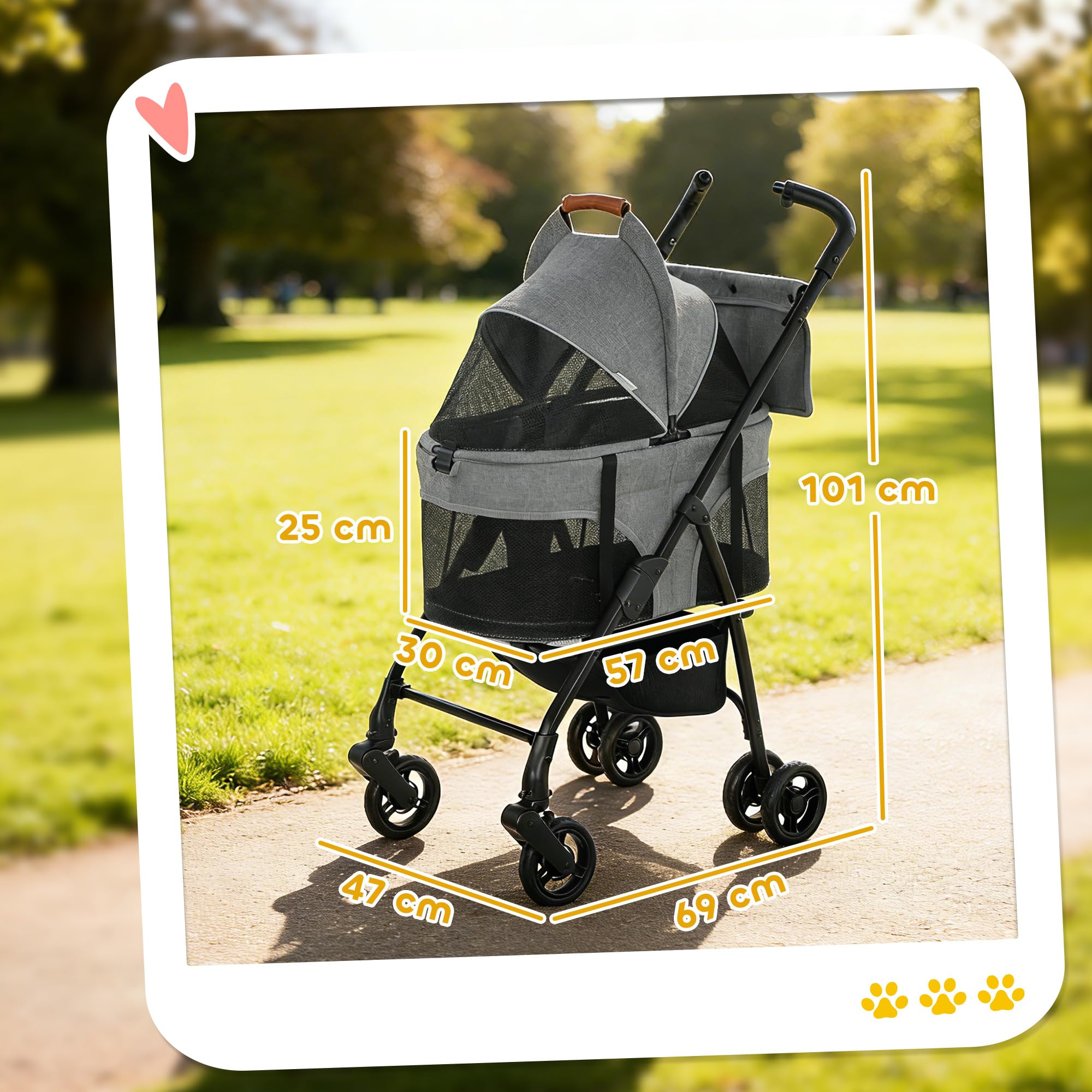 PawHut - Cochecito para perro 3 en 1 desmontable con capazo extraíble y sin cremallera, para perros pequeños y gatos de 10 kg, color gris