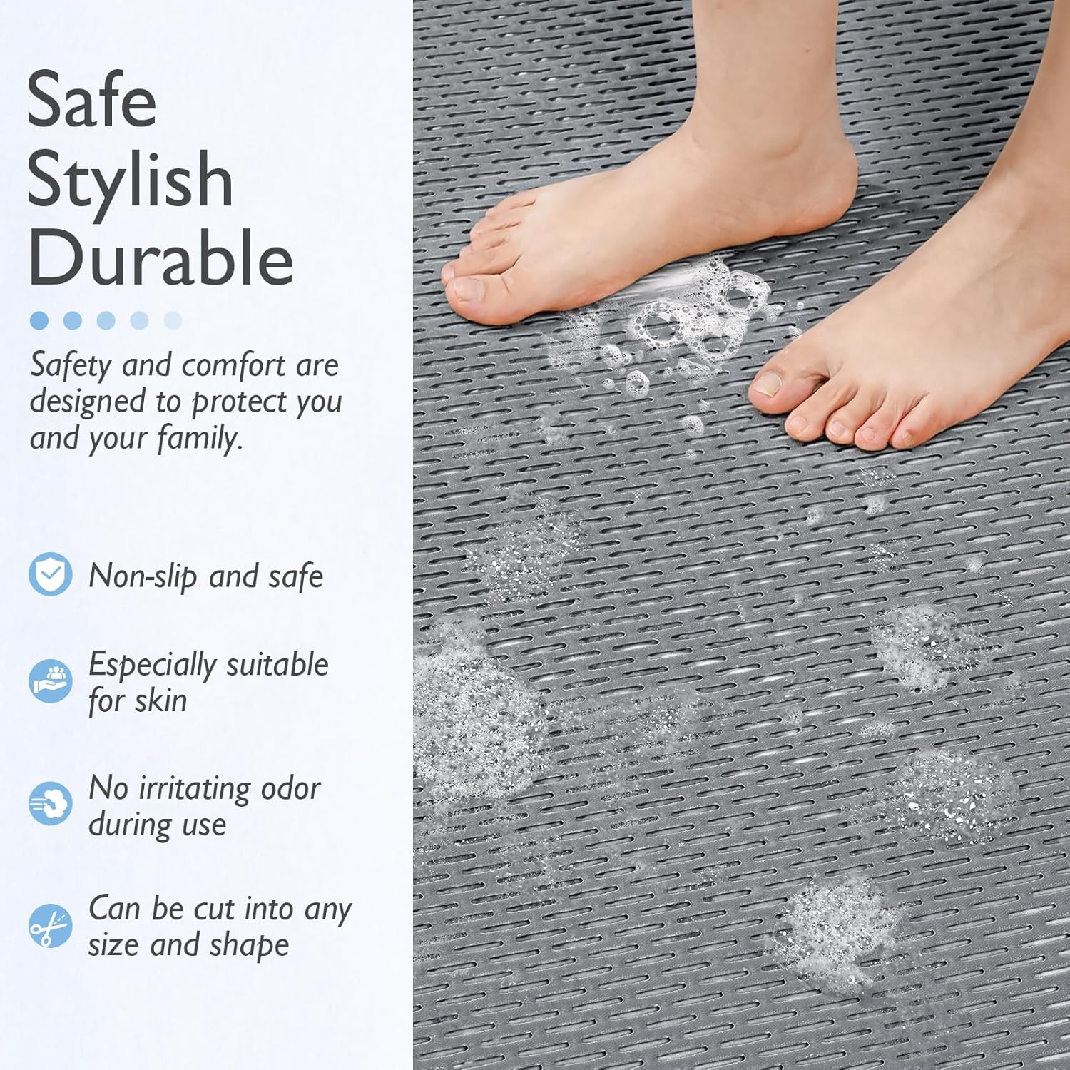 Extra Large Non-Slip Shower Mat, Fast-Dry PVC Bath Stall & Tub Mat, Drain-Hole Design,for Shower Stall Tub for Elderly/Kids，Non Slip Bathroom Safety Accessory，Gray 32"x47"
