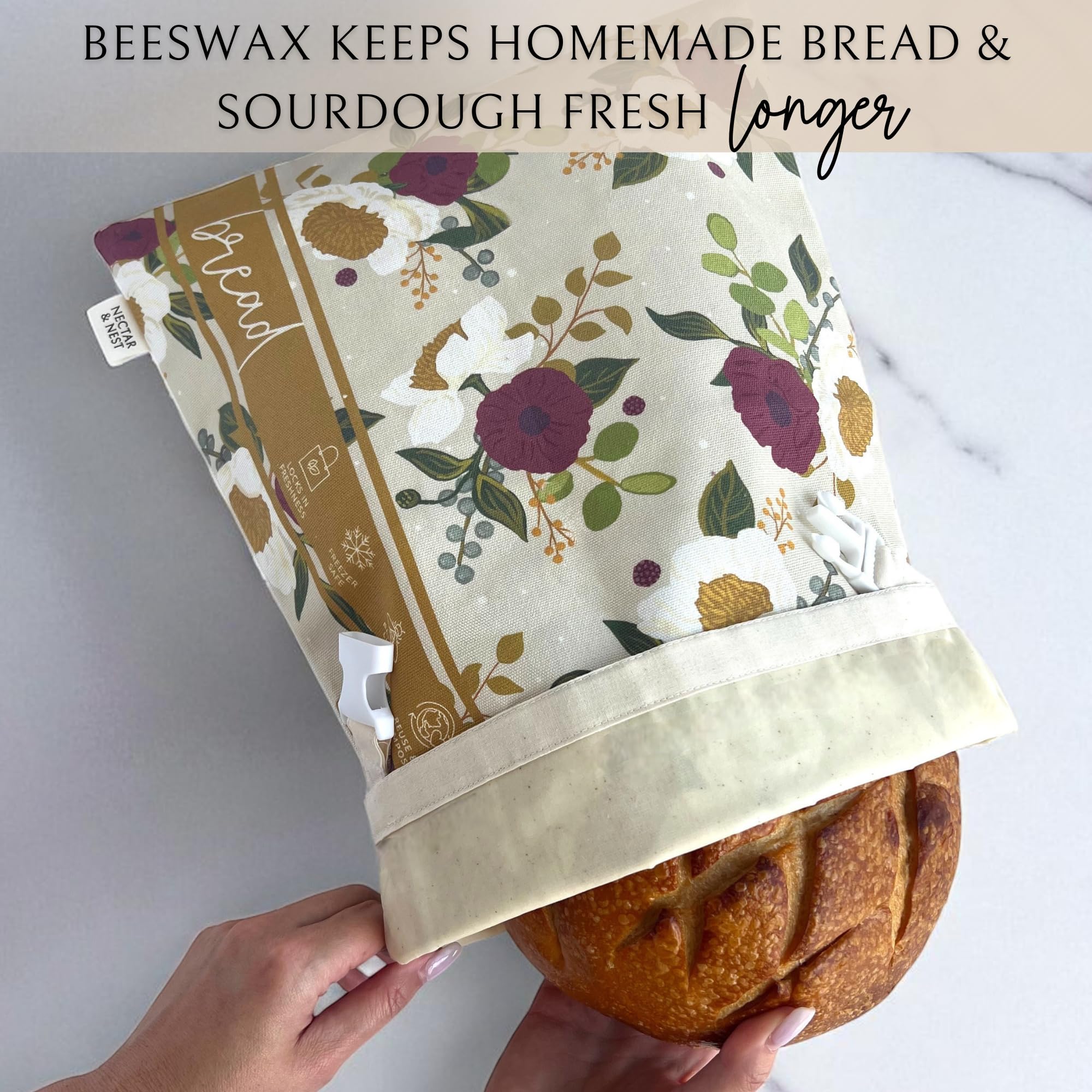 Nectar & Nest Bread Baker Set, Reusable Beeswax Bread Bags for Homemade Bread, Sourdough Bag, Organic Cotton Beeswax Bowl Cover, Limited-Edition Artist Series (December Blooms by Mackenzie Nelson Art)