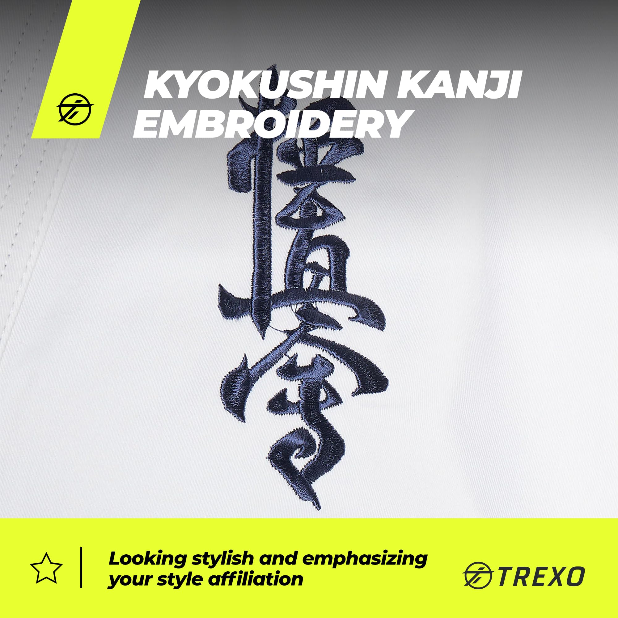 TREXO Karatega con bordado Kyokushin para karate en color blanco para 140 cm de estatura, juego de pantalones regulables, kimono, cinturón, ideal para principiantes, costuras fuertes, materiales