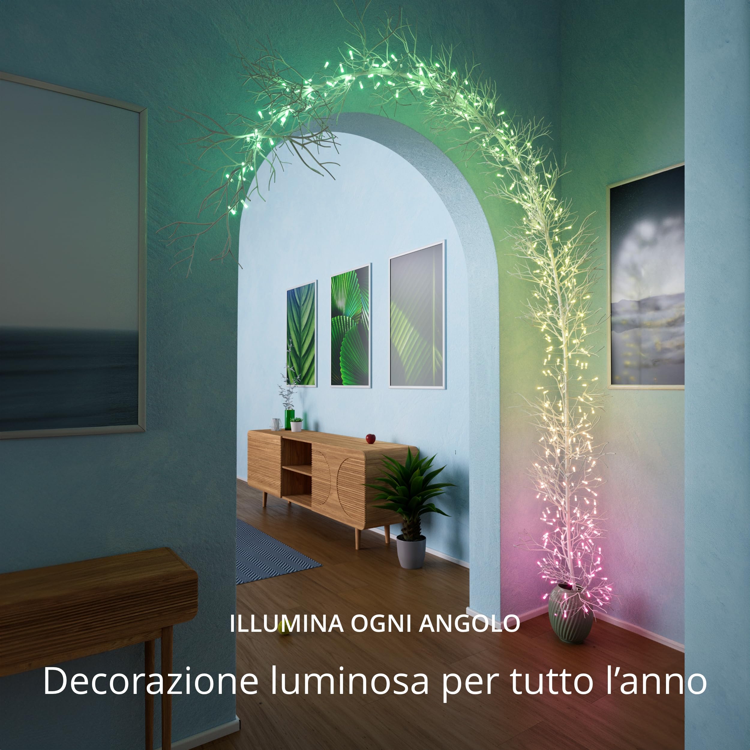 Twinkly Strings USB-C Candle 200 LED, Striscia Luci LED a Forma di Candela, Luci LED Multicolore RGB, Compatibile con Alexa, Google Home, Luci Mappabili, Alimentazione USB C, Filo Verde, 12m