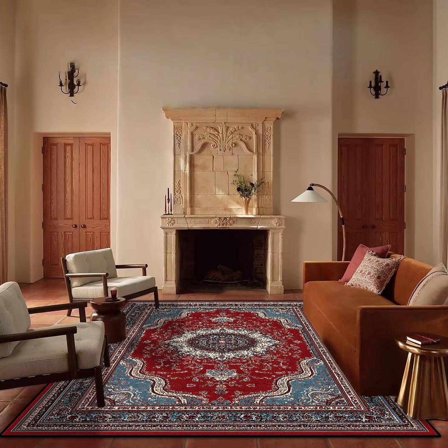 Tapis de salon rétro rouge pour réveiller la décoration d'une chambre bohème cosy