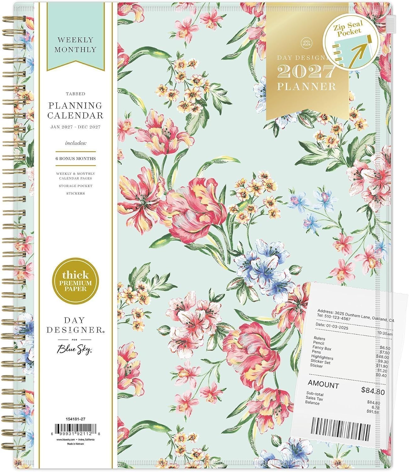 Blue Sky Day Designer 2027 Weekly and Monthly Planner Calendar, January 2027 - December 2027, 8.5" x 11", Flexible Cover With Zip Pouch, Durable Twin Wire Binding, Includes Stickers, Tulip Garden Mint