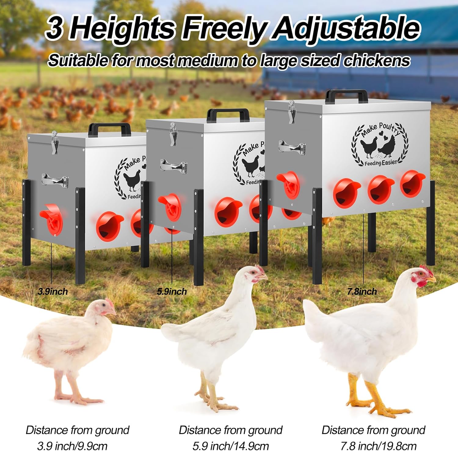 50LB Automatic Chicken Feeder Kit 8 Ports Large Metal Poultry Feeder Duck Chicken Coop Chick Feeder System Food Dispenser No Waste with Adjustable Legs Locking Lid Vegetable Hanging Bag Leg Rings