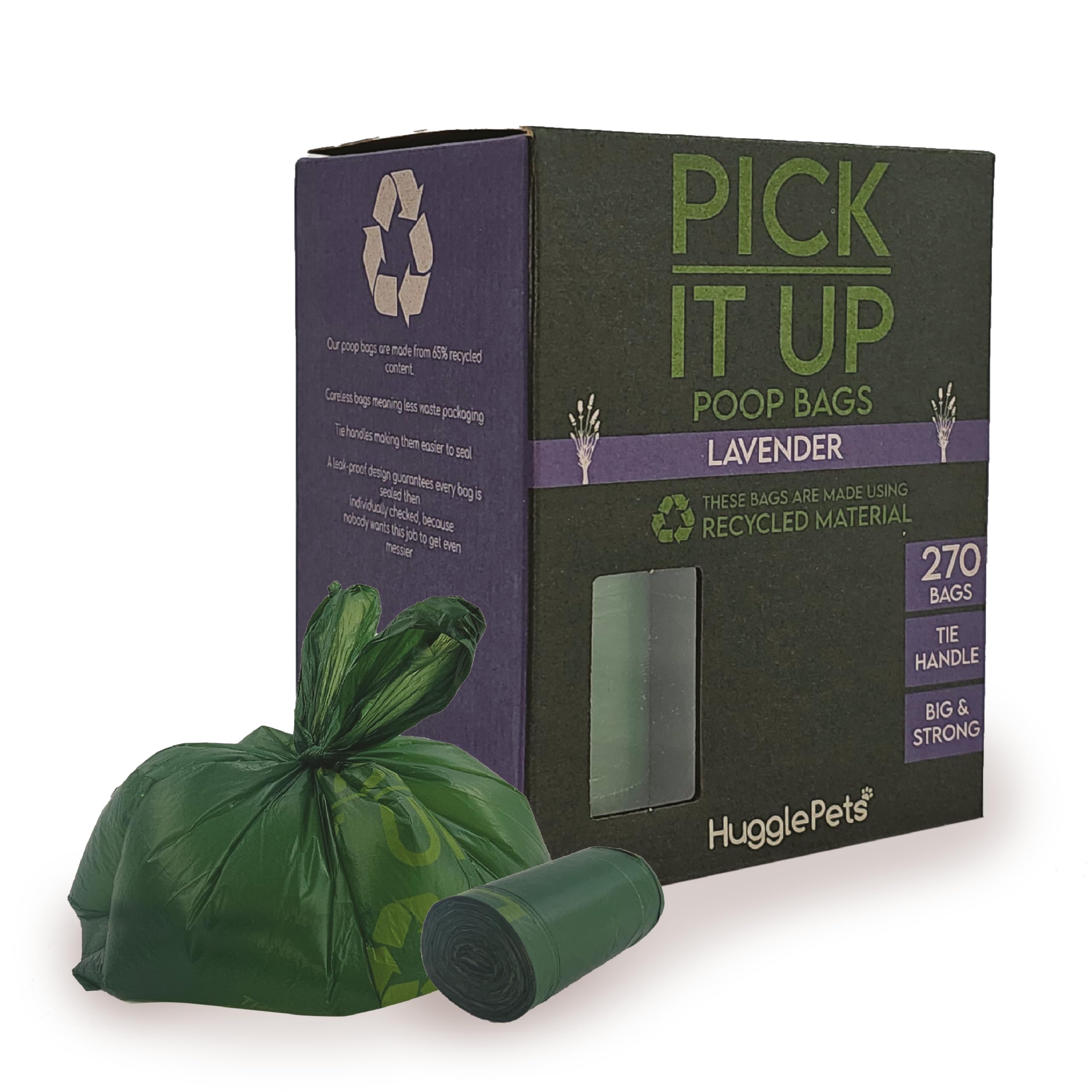 HugglePets Large Tie Handle Dog Poo Bags Rolls - 18 x 15 Bags, Total 270. 'Pick It Up' Lavender Scented Dog Poop Bags Rolls 65% Recycled Green Pet Waste Holders