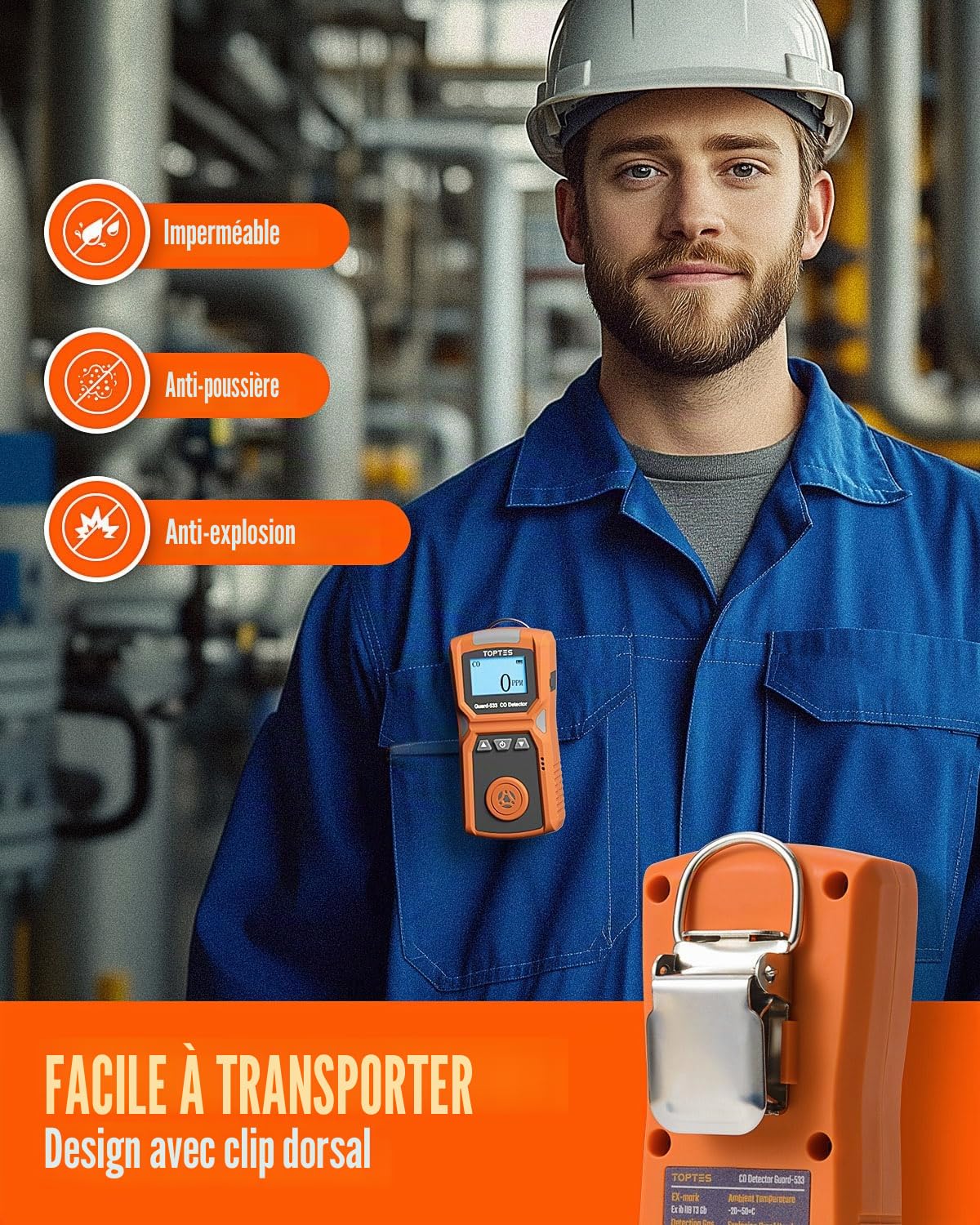 TopTes Guard-533 Détecteur de Monoxyde de Carbone Portable, Alarme Visuelle, Sonore et Vibrante, Clip Arrière, 120h d’Autonomie, Enregistrement Automatique, pour Usage Domestique et Professionnel