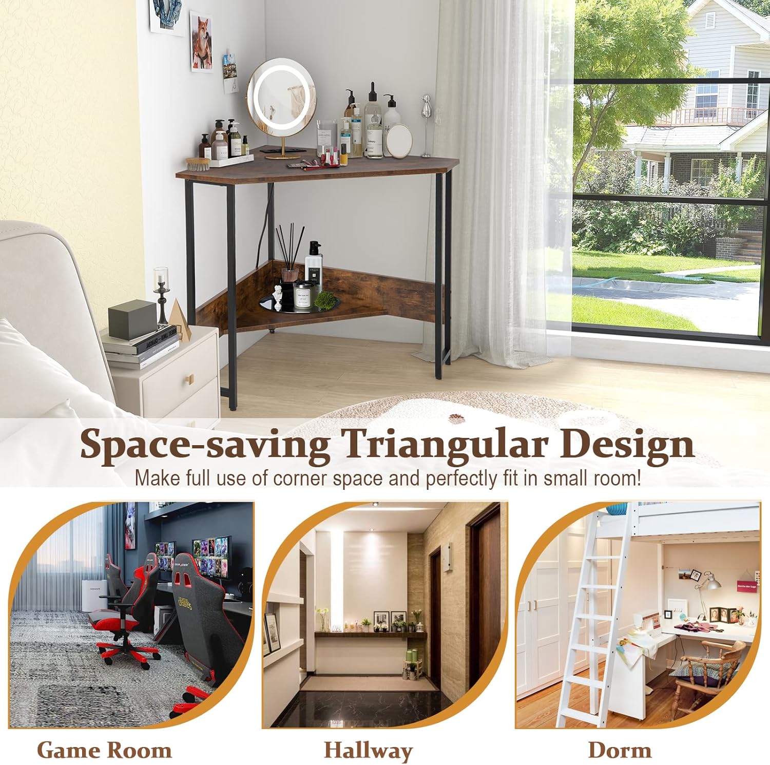 COSTWAY Corner Computer Desk, with USB Ports & Power Outlet, Storage Shelf for Small Space, Triangle Steel Frame Corner Desk for Home Office, Workstation (Rustic Brown)