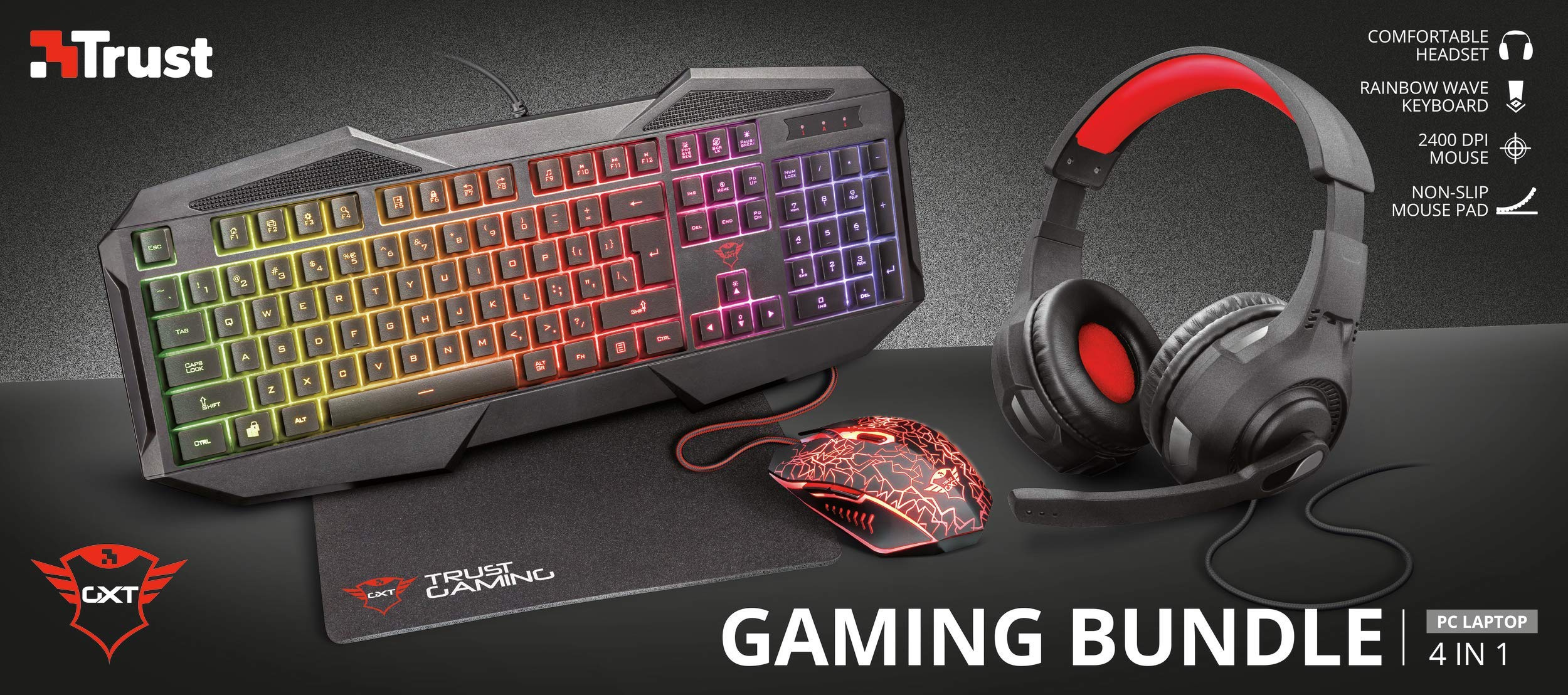 Trust Gaming GXT 1180RW Set Gamer 4-en-1 Clavier Azerty français, Souris, Tapis et Casque avec Micro