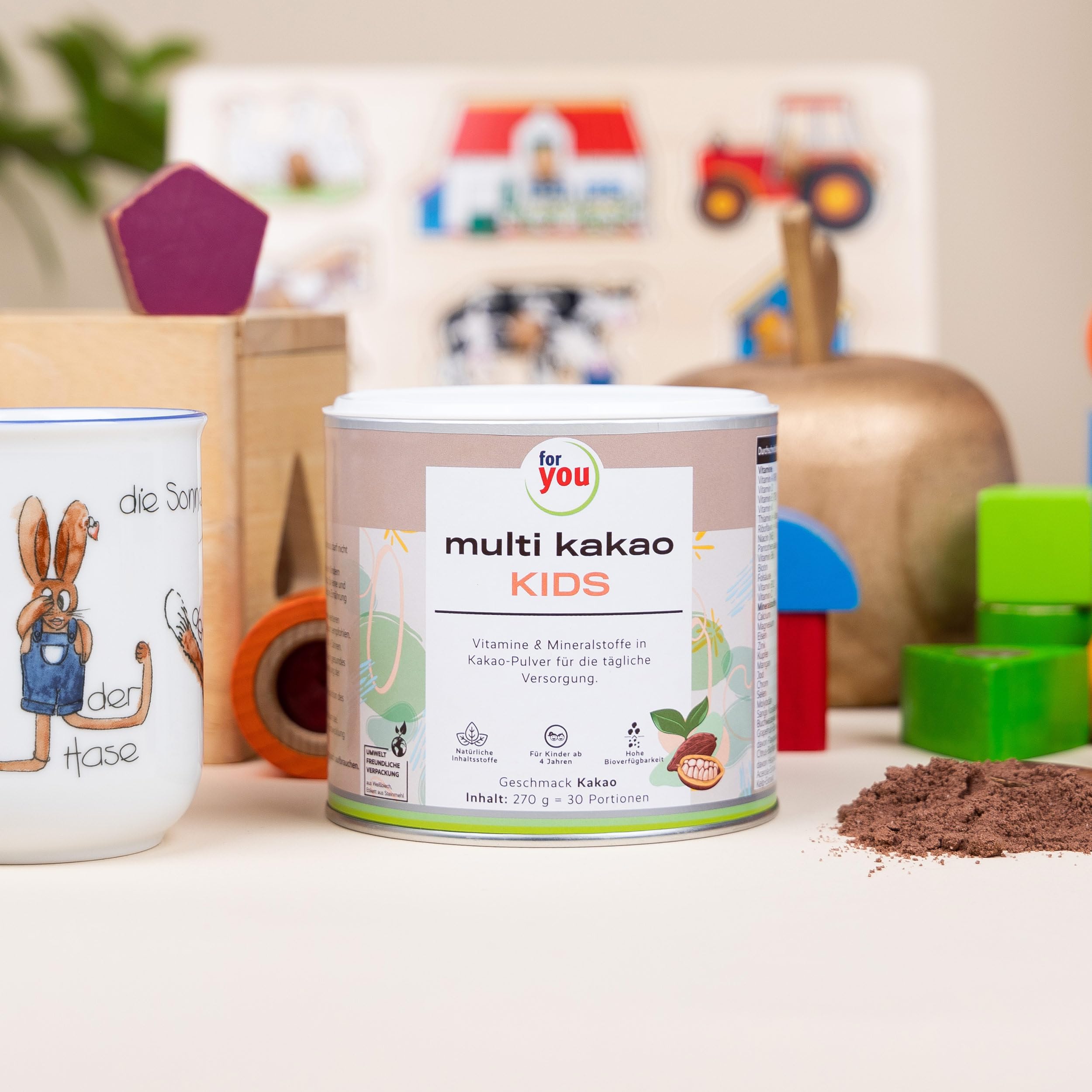 for you multi kakao kids Doppelpack - Kakaopulver mit Vitaminen, Mineralstoffen & Pflanzenstoffen zum Anrühren in Milch - Kinder ab 4 Jahren - Gesundes Wachstum & Entwicklung - Zuckerfrei & glutenfrei