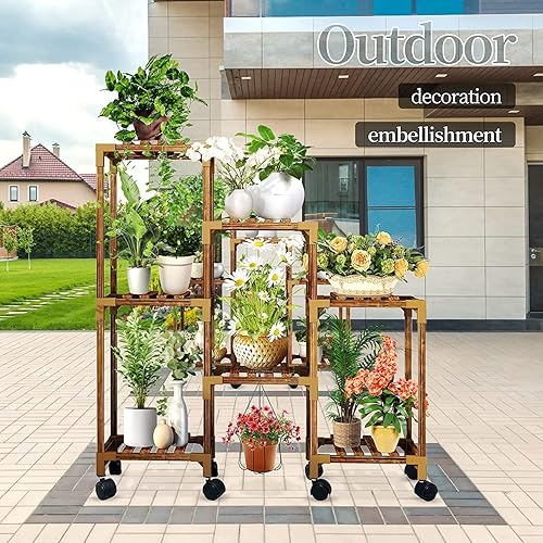 Miniatura 4 de Qilebi Soporte para plantas de interior con ruedas, soporte de madera para múltiples plantas, soporte para plantas de 9 niveles, soporte para